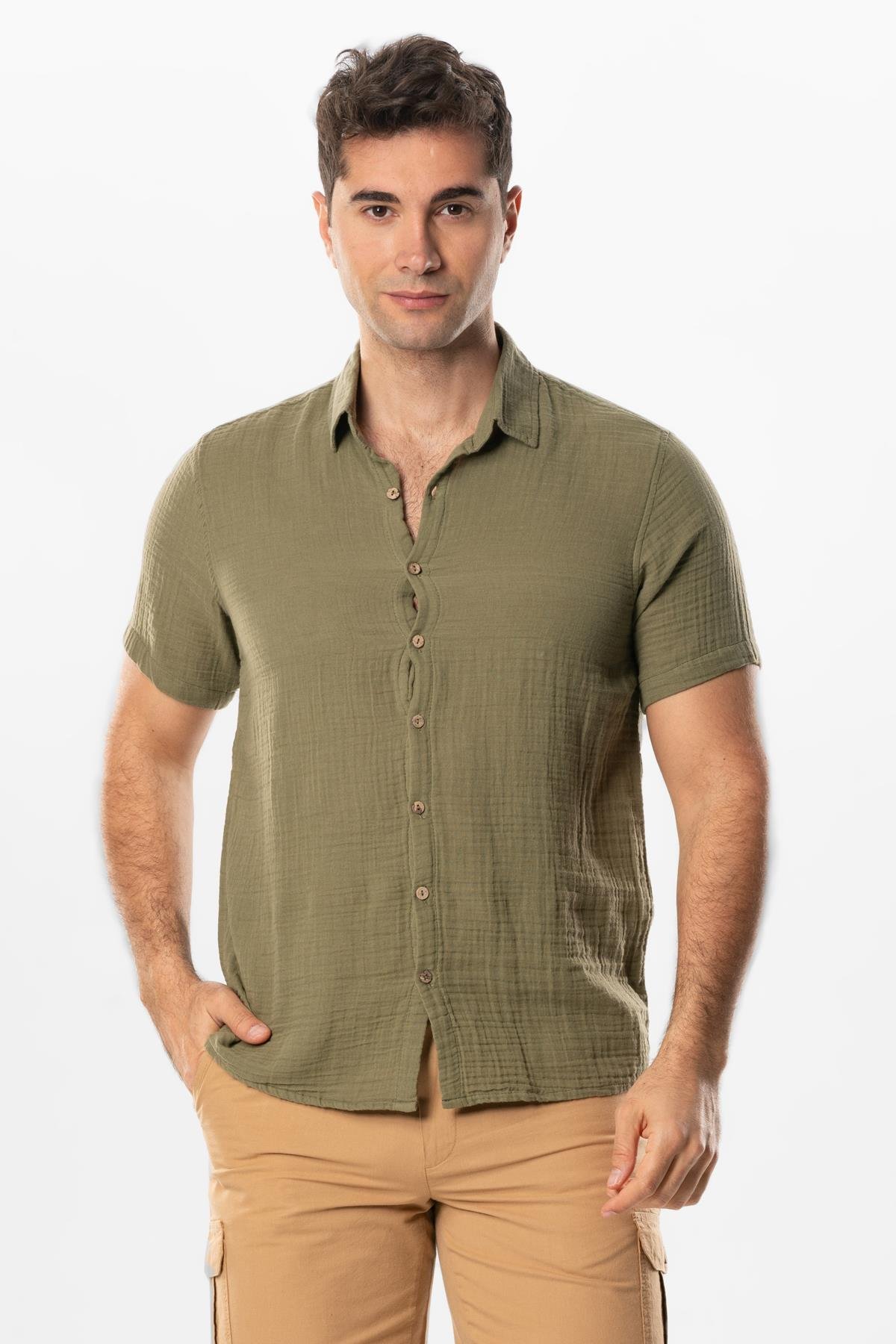 Short Sleeve Men's Summer Muslin Shirt Khaki