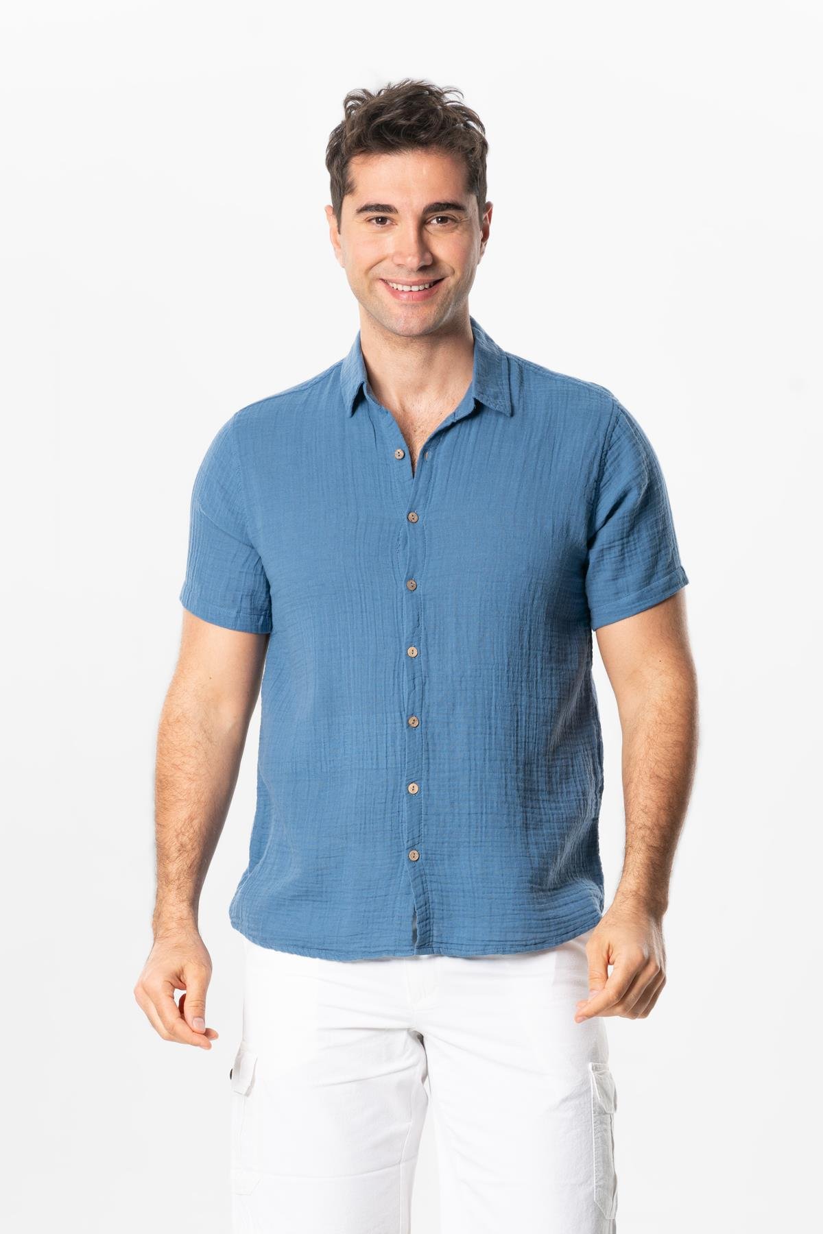 Short Sleeve Men's Summer Muslin Shirt Indigo