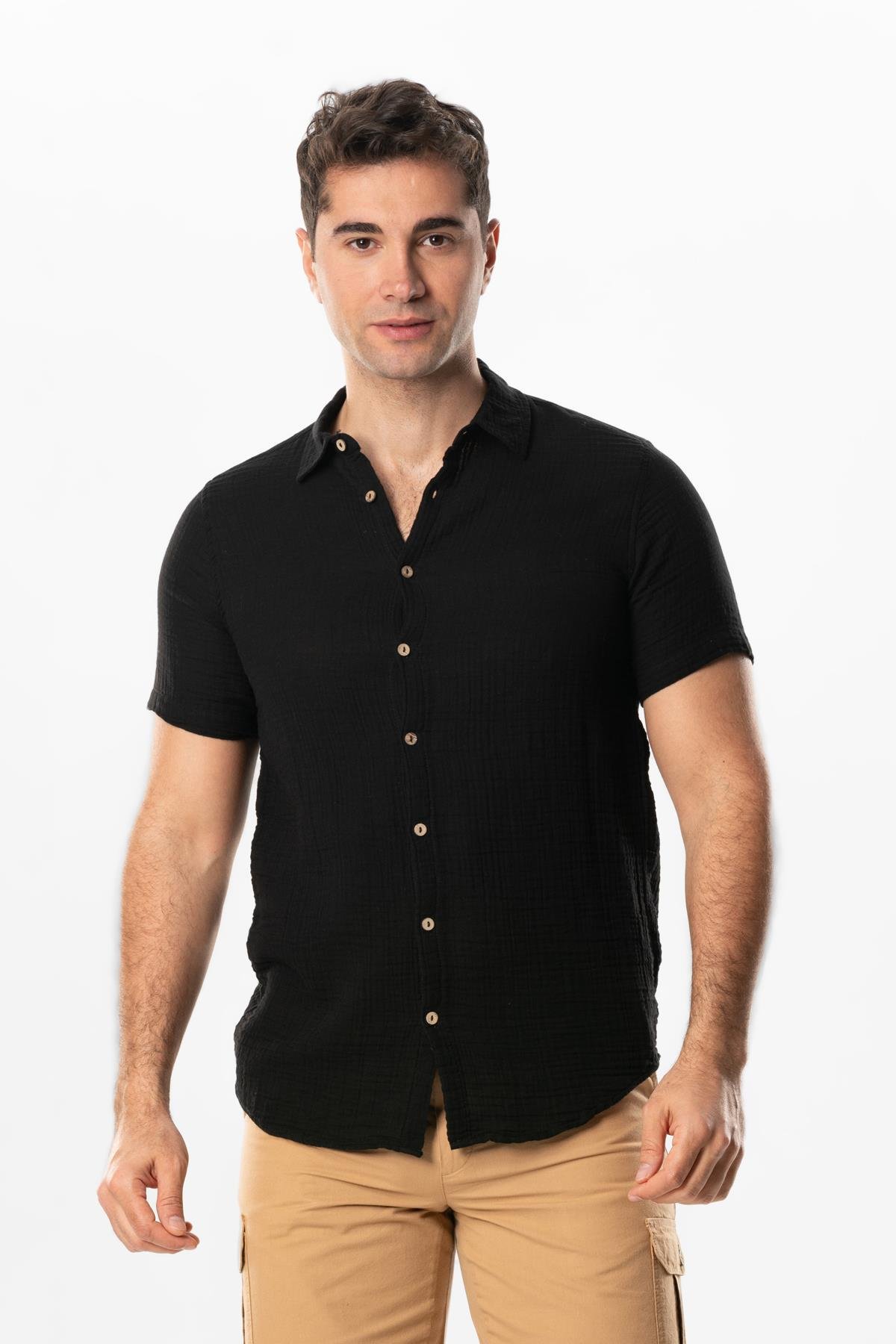 Short Sleeve Men's Summer Muslin Shirt Black