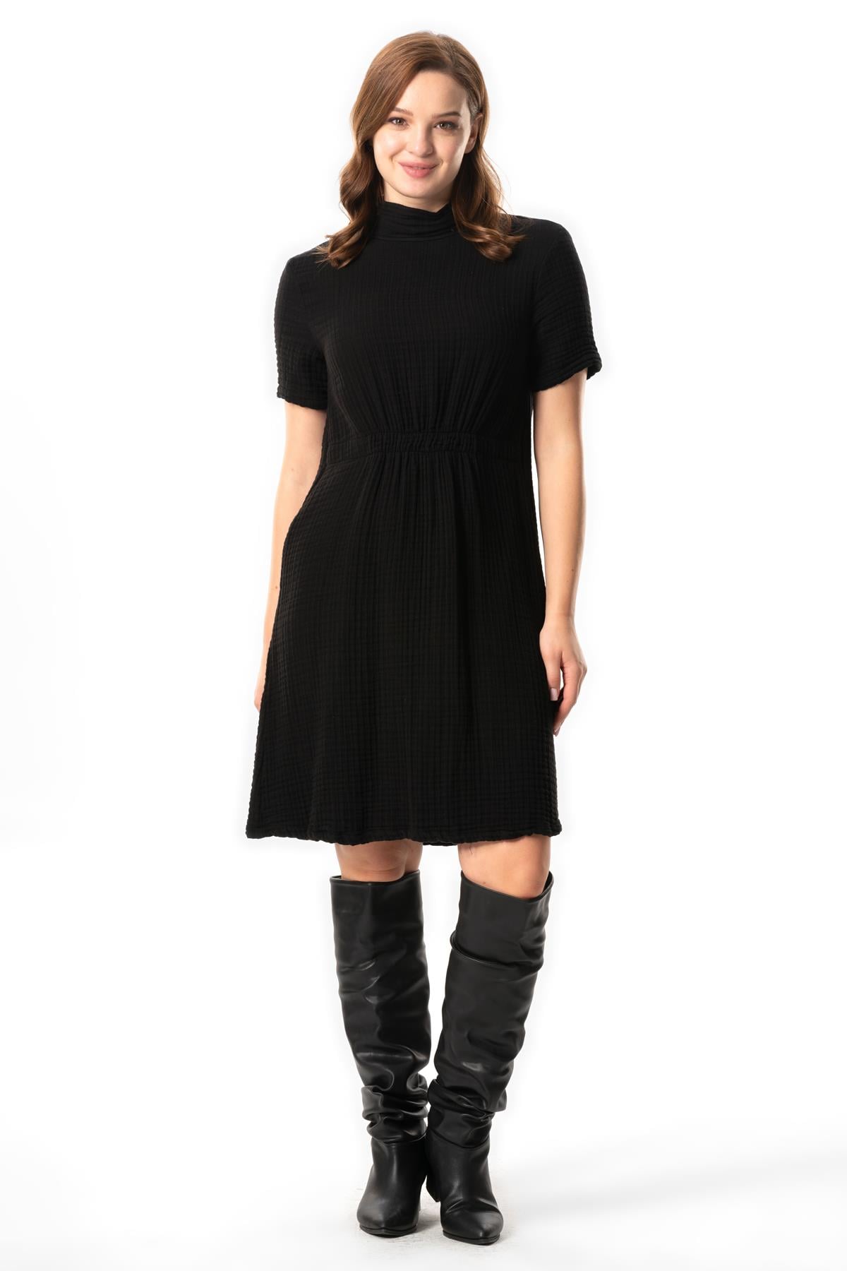 Short Sleeve Gizem Half Throat Fall-Winter Midi Length Double Muslin Dress Black