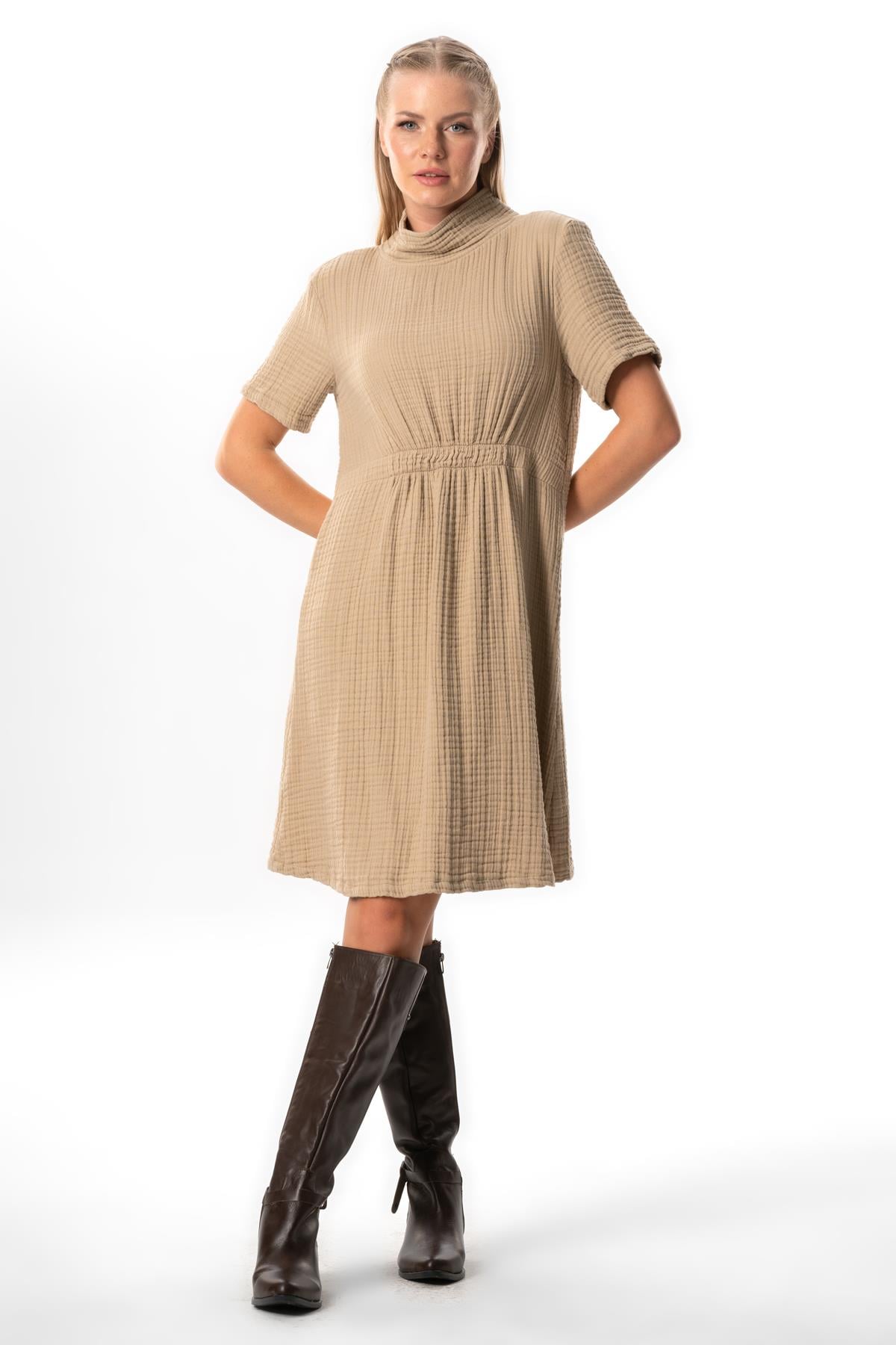 Short Sleeve Gizem Half Throat Fall-Winter Midi Length Double Muslin Dress Mink