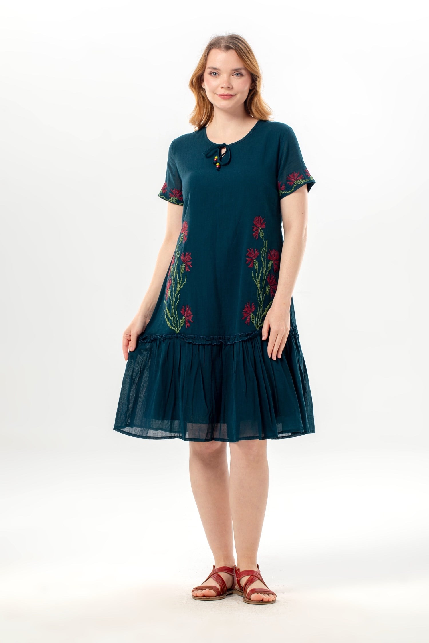 Short Sleeve Gülbin Buttoned V-Neck Embroidered Summer Voile Short Dress Petrol