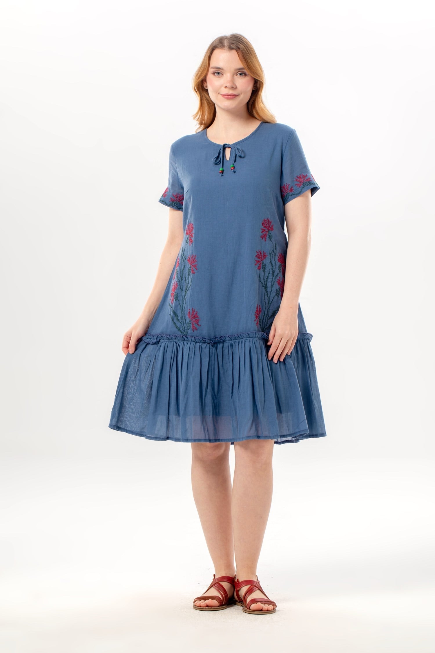 Short Sleeve Gülbin Buttoned V-Neck Embroidered Summer Voile Short Dress İndigo