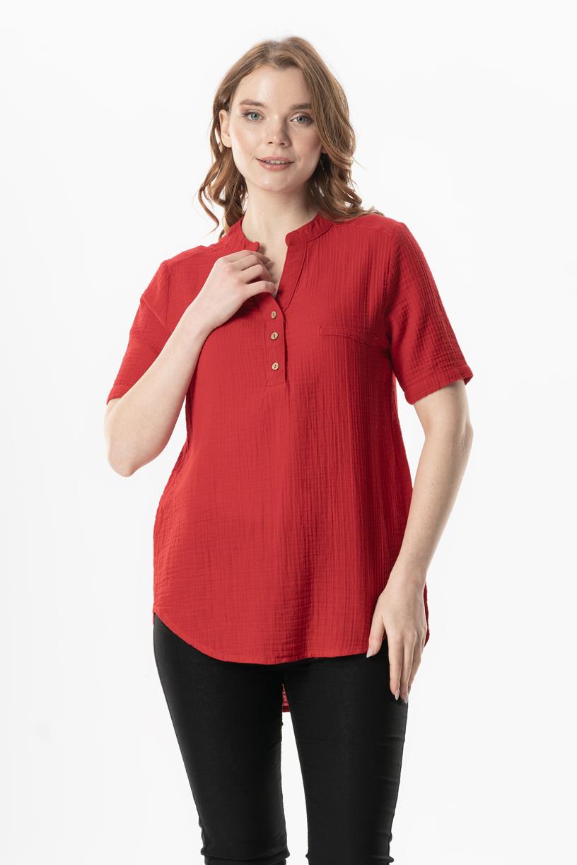 Short Sleeve Gülgün V Neck Muslin Summer Blouse Red