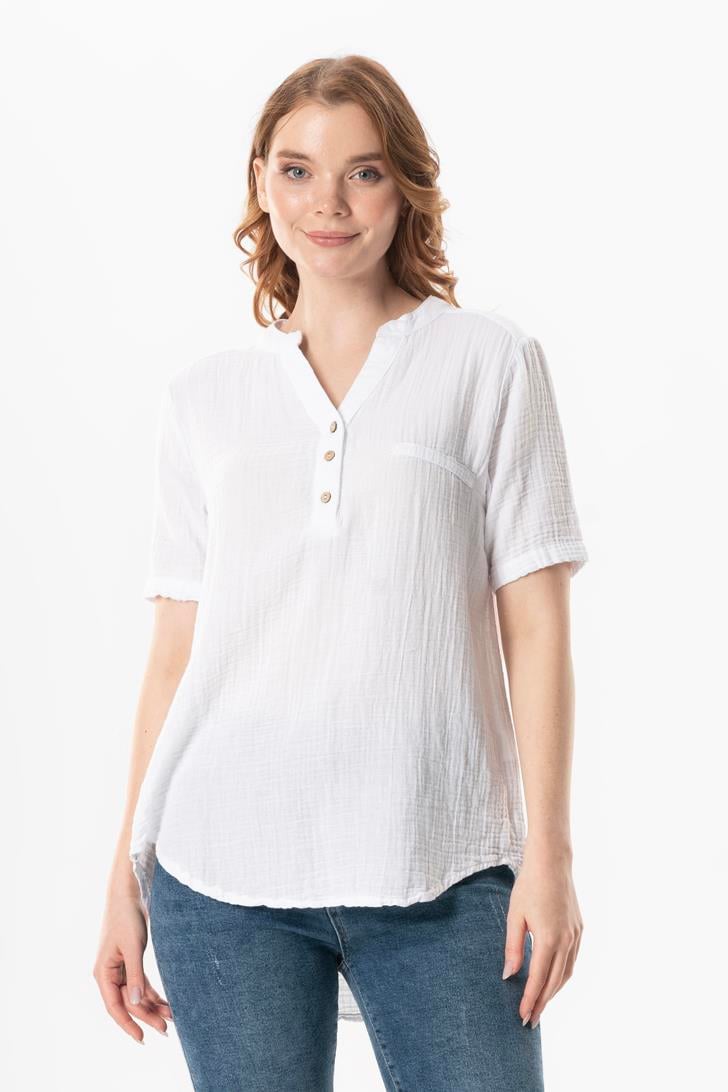 Short Sleeve Gülgün V Neck Muslin Summer Blouse White