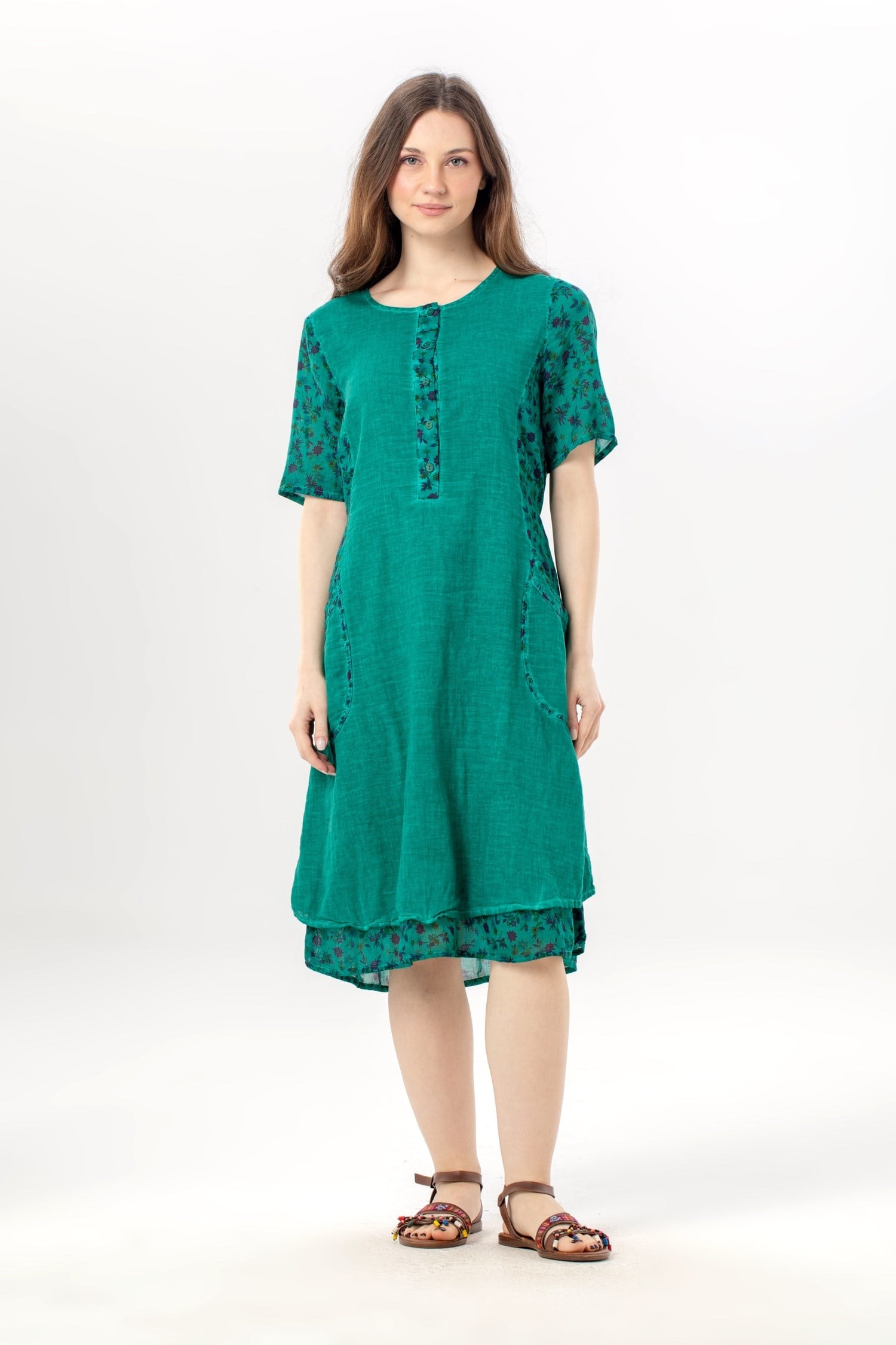 Short Sleeve Hacer Double Pocket Summer Poplin Authentic Dress Nile Green
