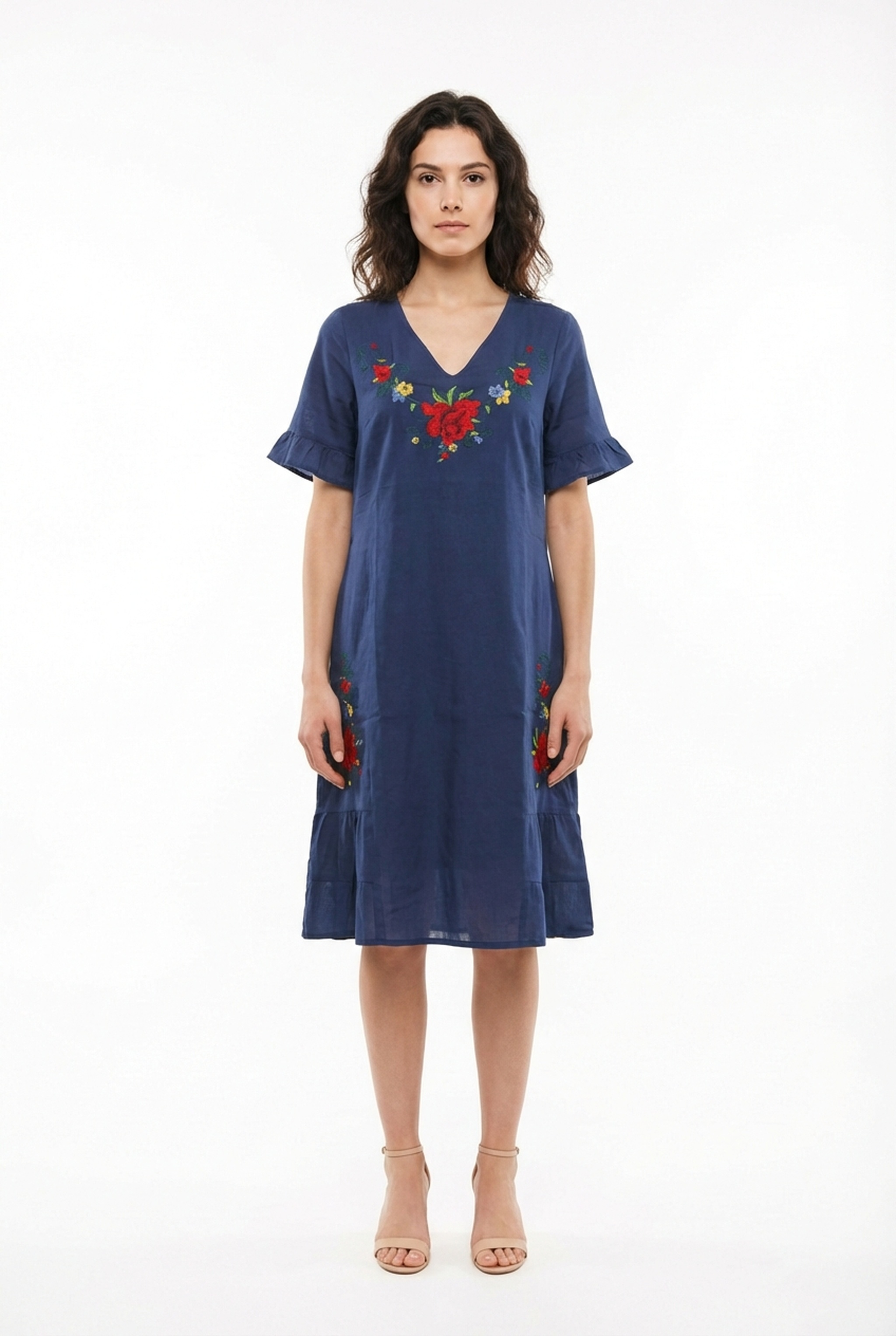 Short Sleeve İrem Embroidery Detailed Midi Length Summer Şile Cloth Dress Dark Blue