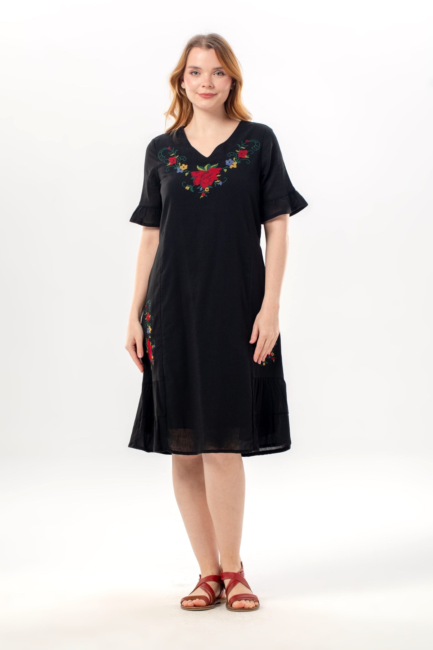 Short Sleeve İrem Embroidery Detailed Midi Length Summer Şile Cloth Dress Black
