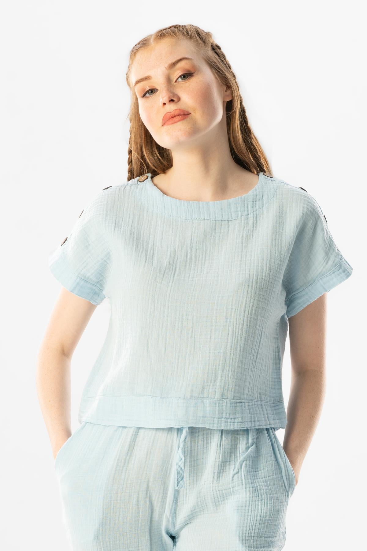 Short Sleeve Muslin Izel Blouse Ice Blue