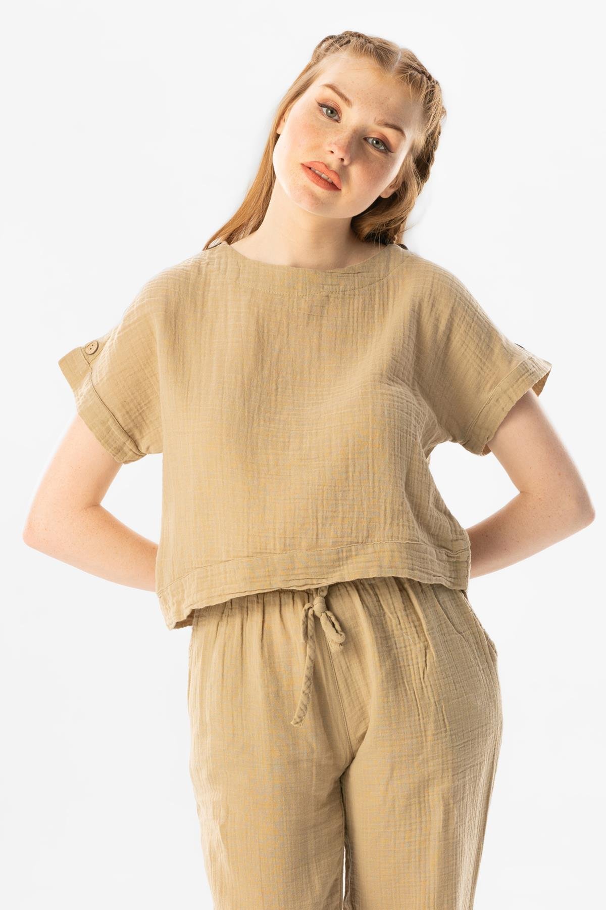 Kısa Kol İzel Yazlık Müslin Bluz Vizon Vzn