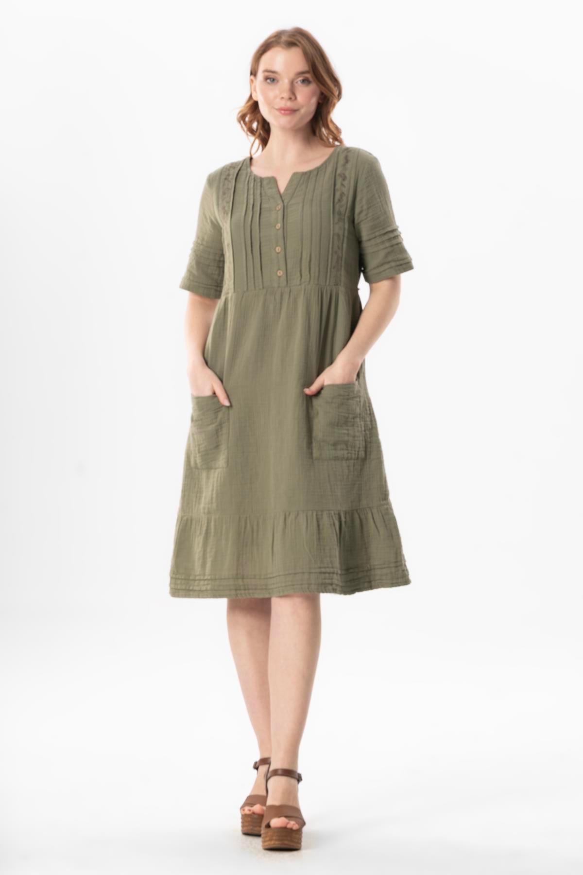 Short Sleeve Square Neck Dora Pocket Detail Midi Length Muslin Summer Dress Khaki