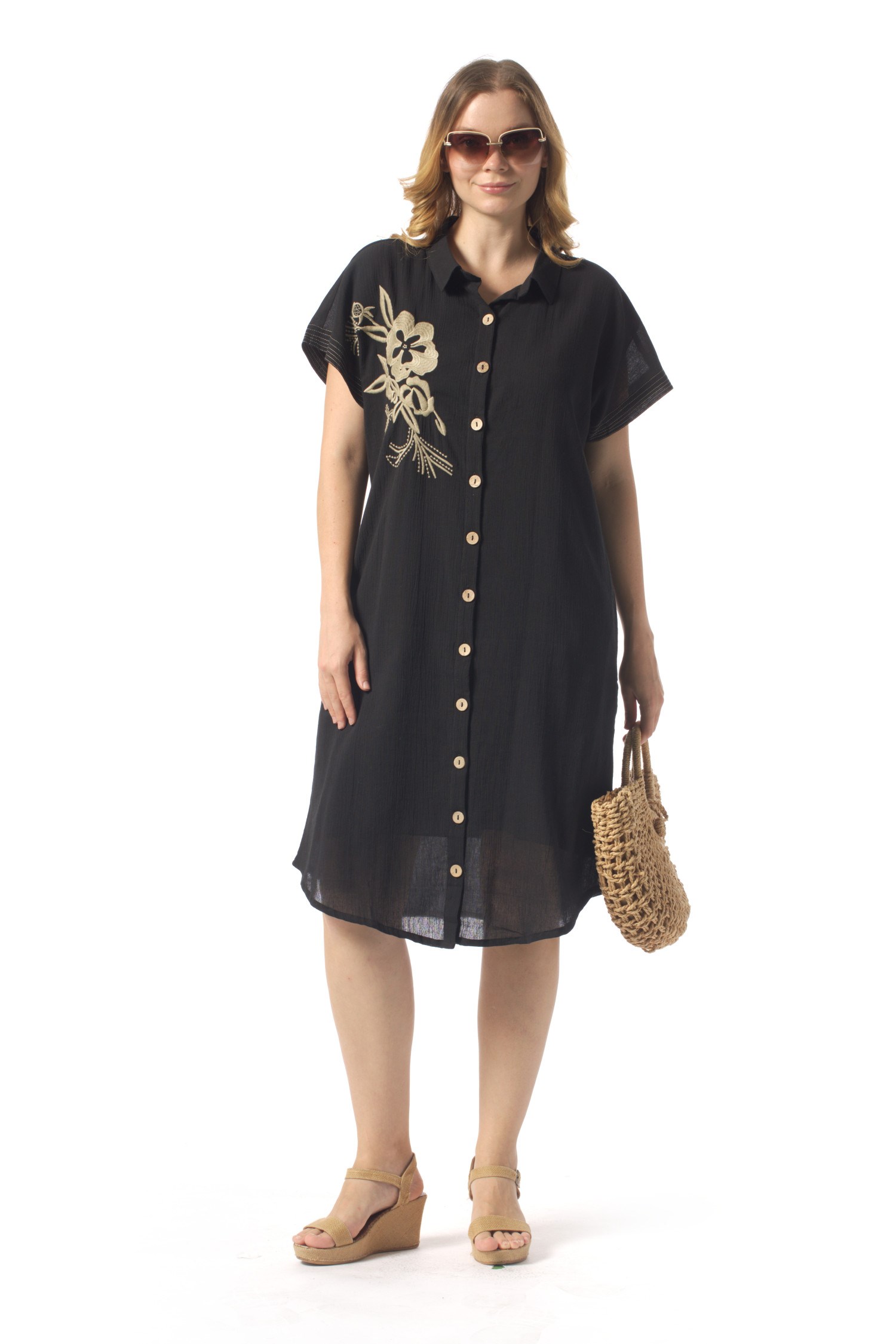 Short Sleeve Mira Embroidered Summer Şile Cloth Shirt Dress Black