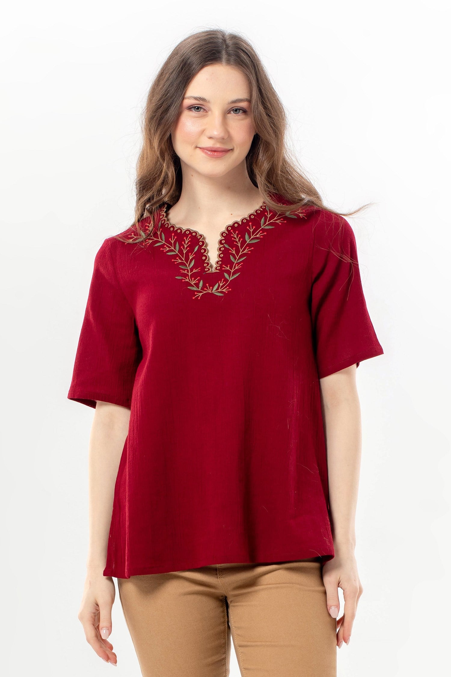 Short Sleeve Nevin Embroidered V-Neck Summer Şile Cloth Authentic Blouse Burgundy