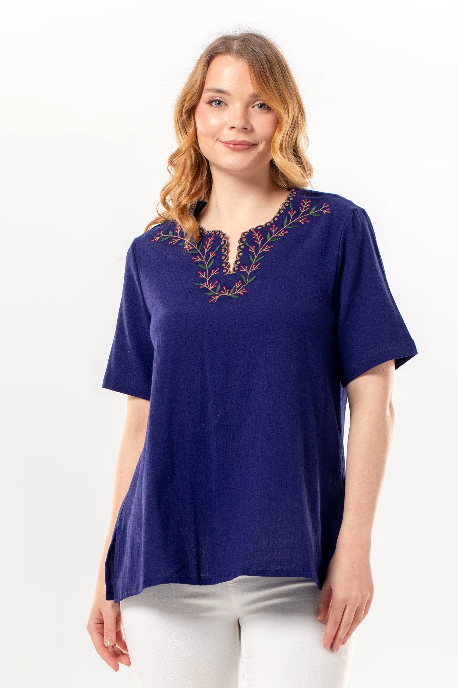 Short Sleeve Nevin Embroidered V-Neck Summer Şile Cloth Authentic Blouse Purple