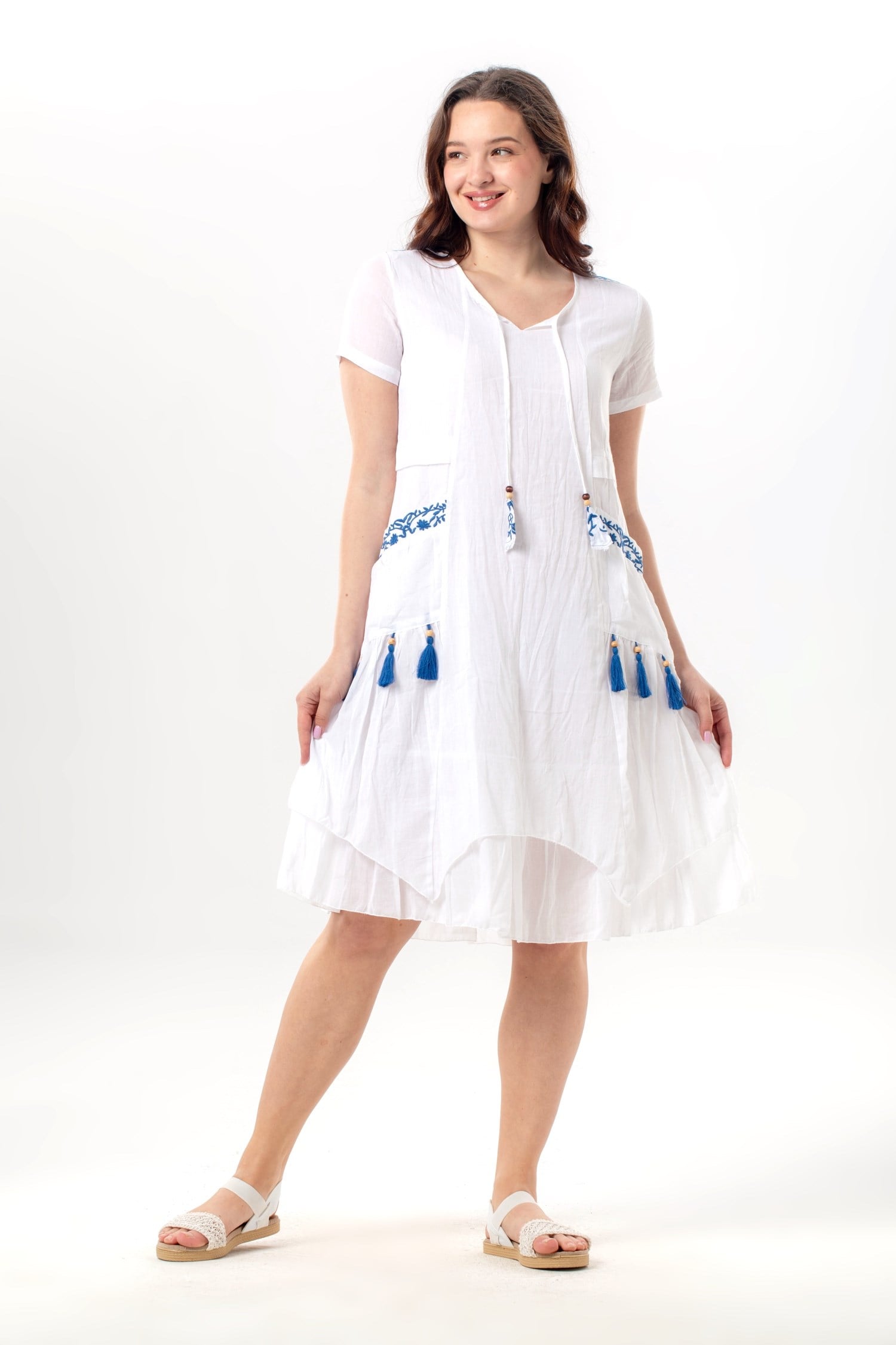 Kısa Kol Nil Vual Diz Boyu Çift Cepli Nakışlı Yazlık Elbise Beyaz Byz