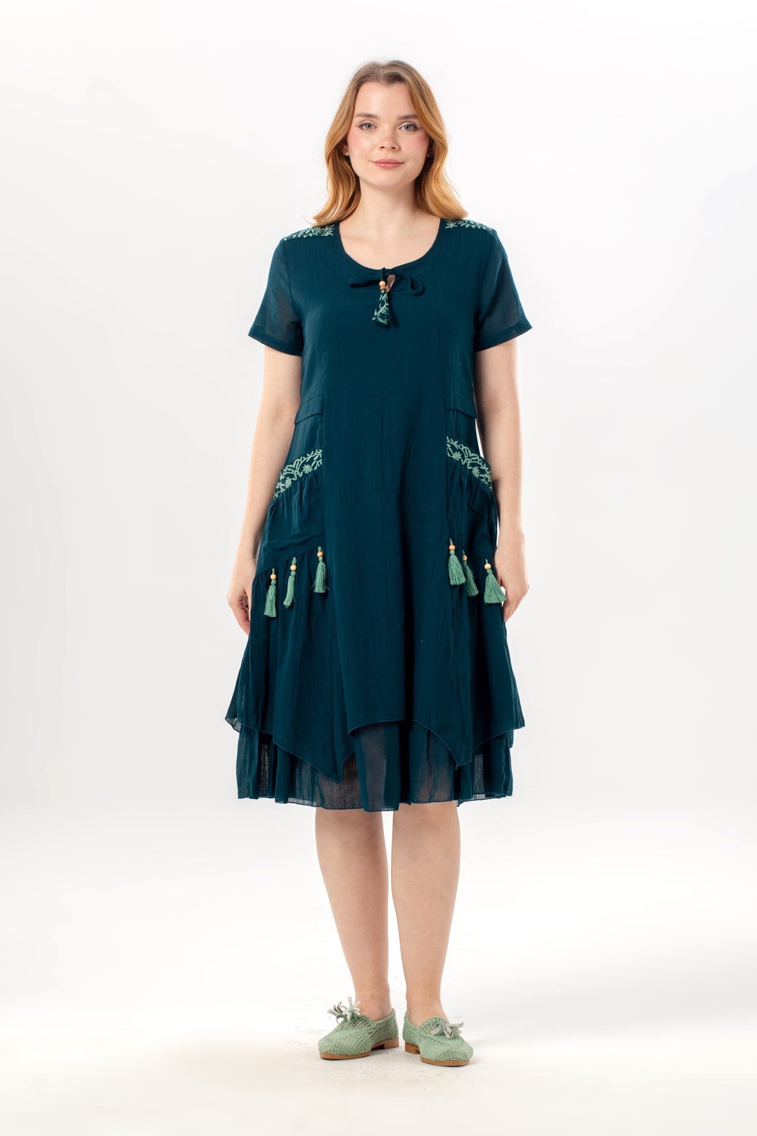 Kısa Kol Nil Vual Diz Boyu Çift Cepli Nakışlı Yazlık Elbise Petrol Ptrl