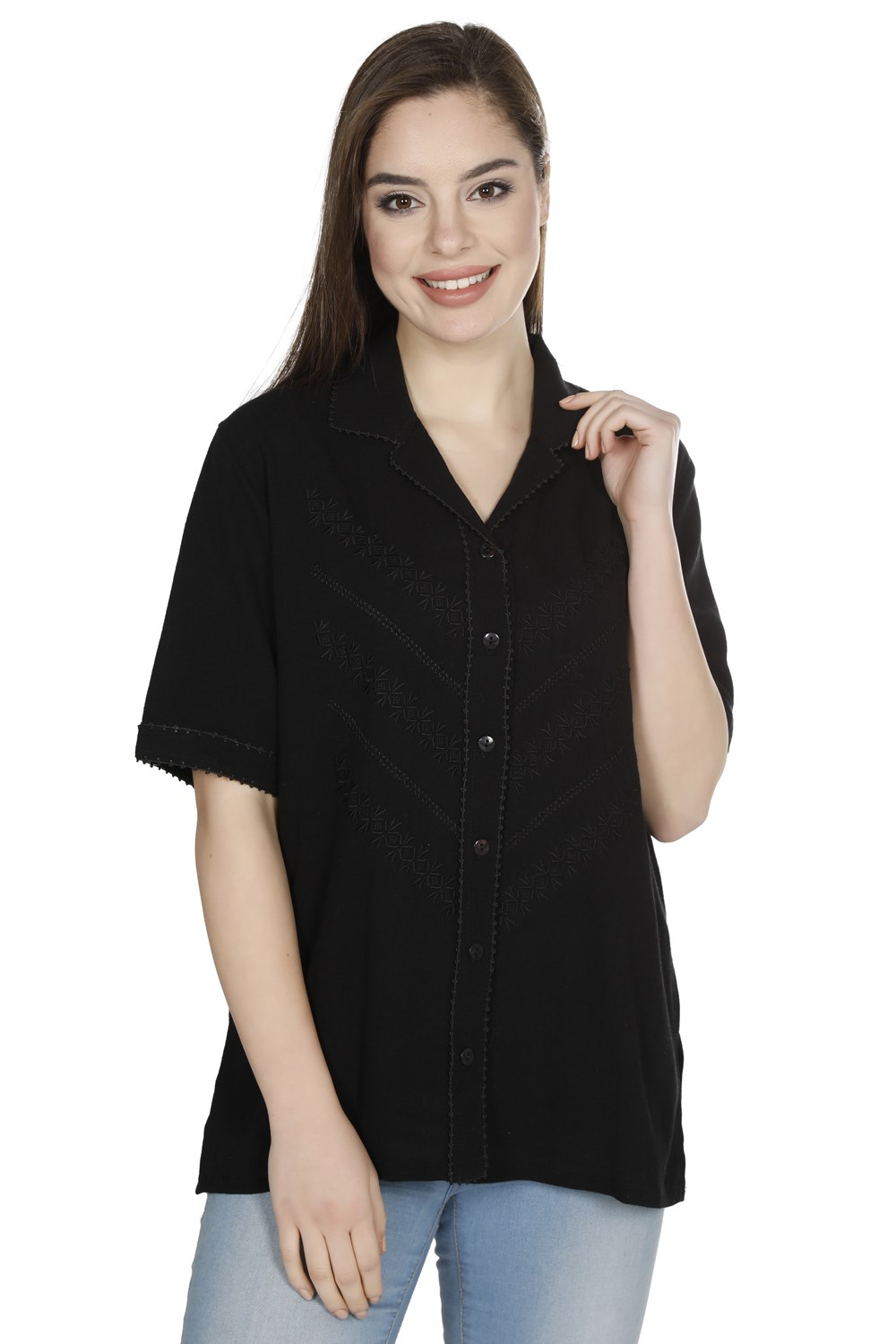Short Sleeve Sile Fabric Oyalı Verev Blouse Black