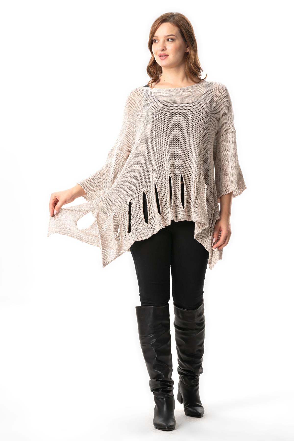 Short Sleeve Özden Autumn and Winter Authentic Shabby Sweater Blouse Cream