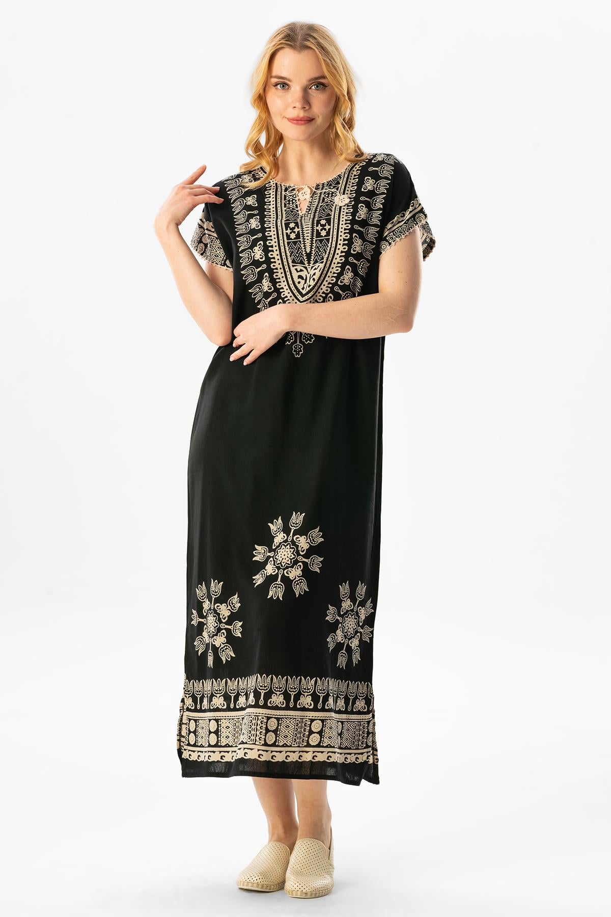 Short Sleeve Cotton Hitit Saray Pattern Long Dress Black