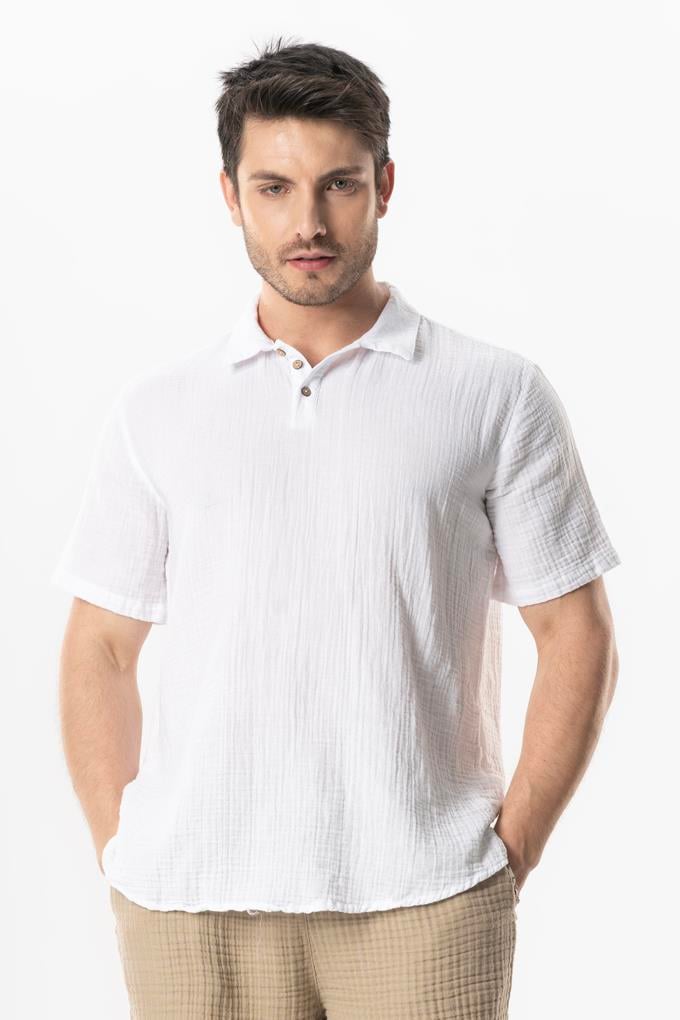 Short Sleeve Polo Collar Muslin Summer Tshirt White