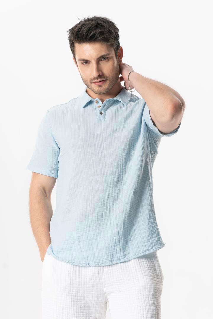 Kısa Kol Polo Yaka Müslin Yazlık Tshirt Buz Mavi Bmv