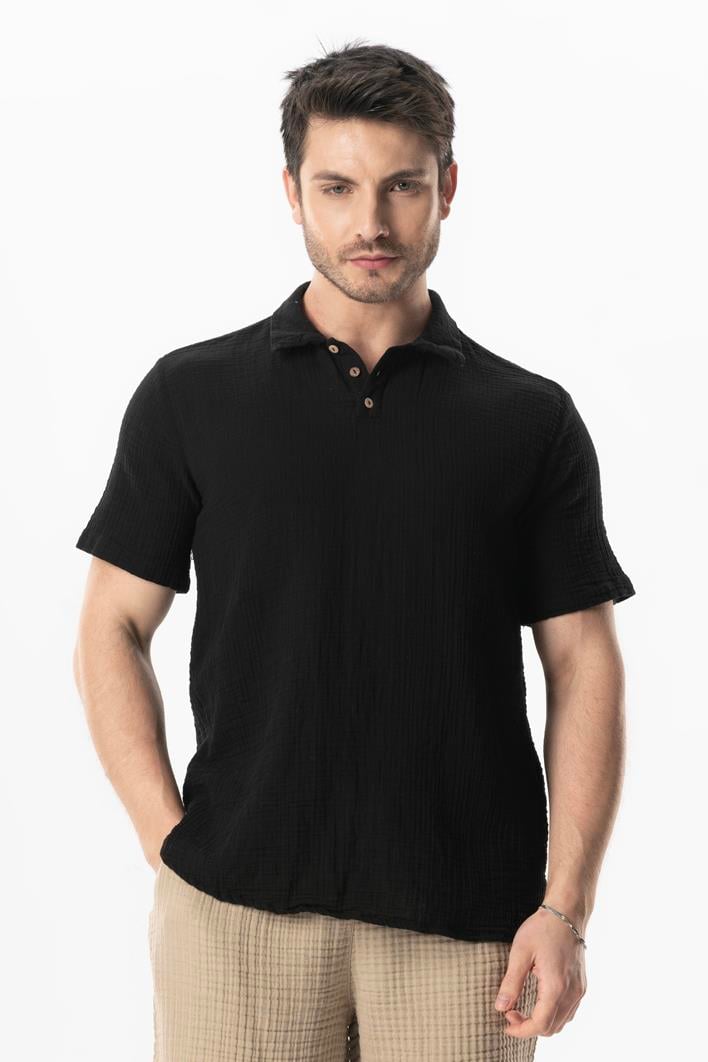 Kısa Kol Polo Yaka Müslin Yazlık Tshirt Siyah Syh