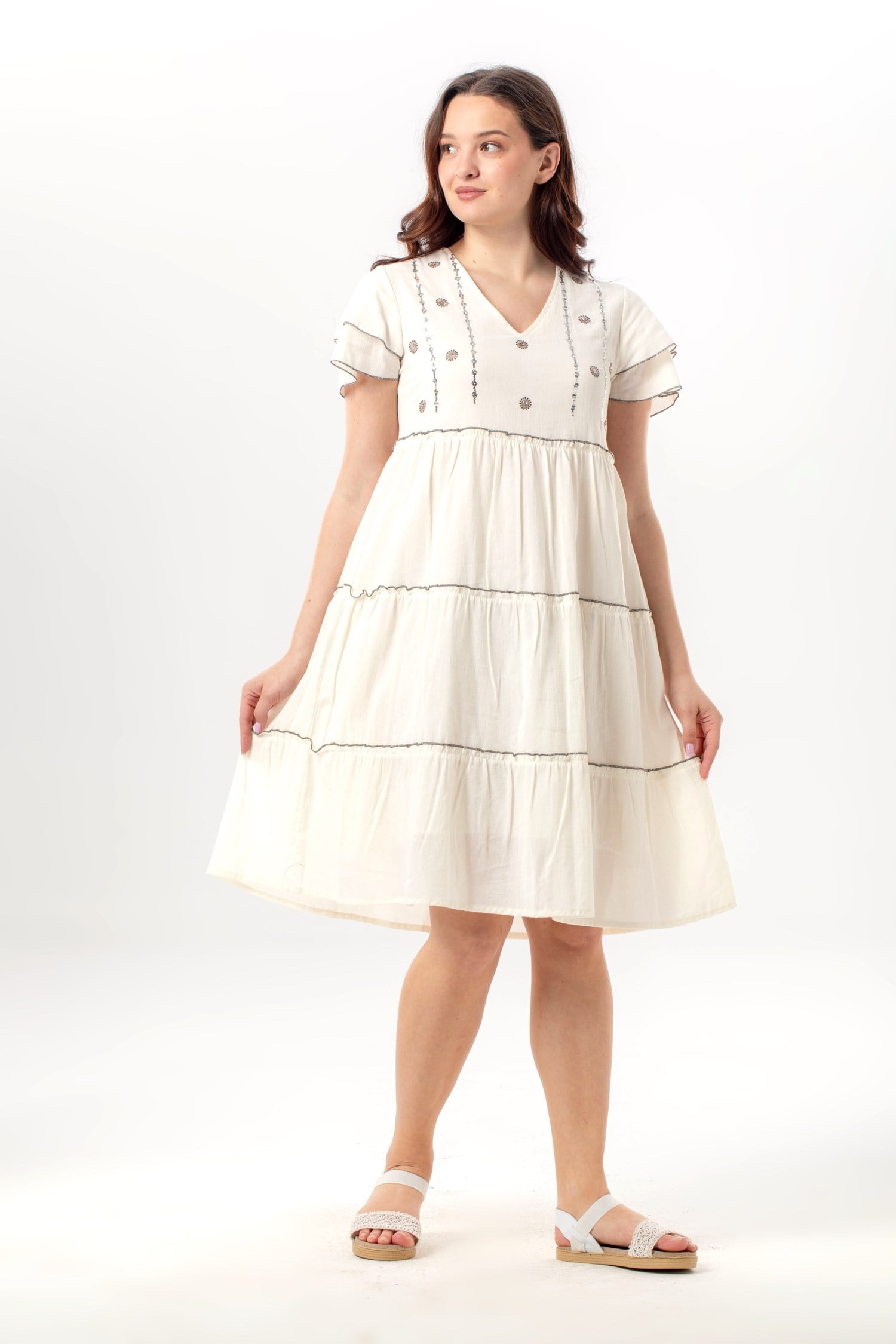 Kısa Kol Pullu Işıl V Yaka Şile Bezi Yazlık Midi Boy Otantik Elbise Krem Krm