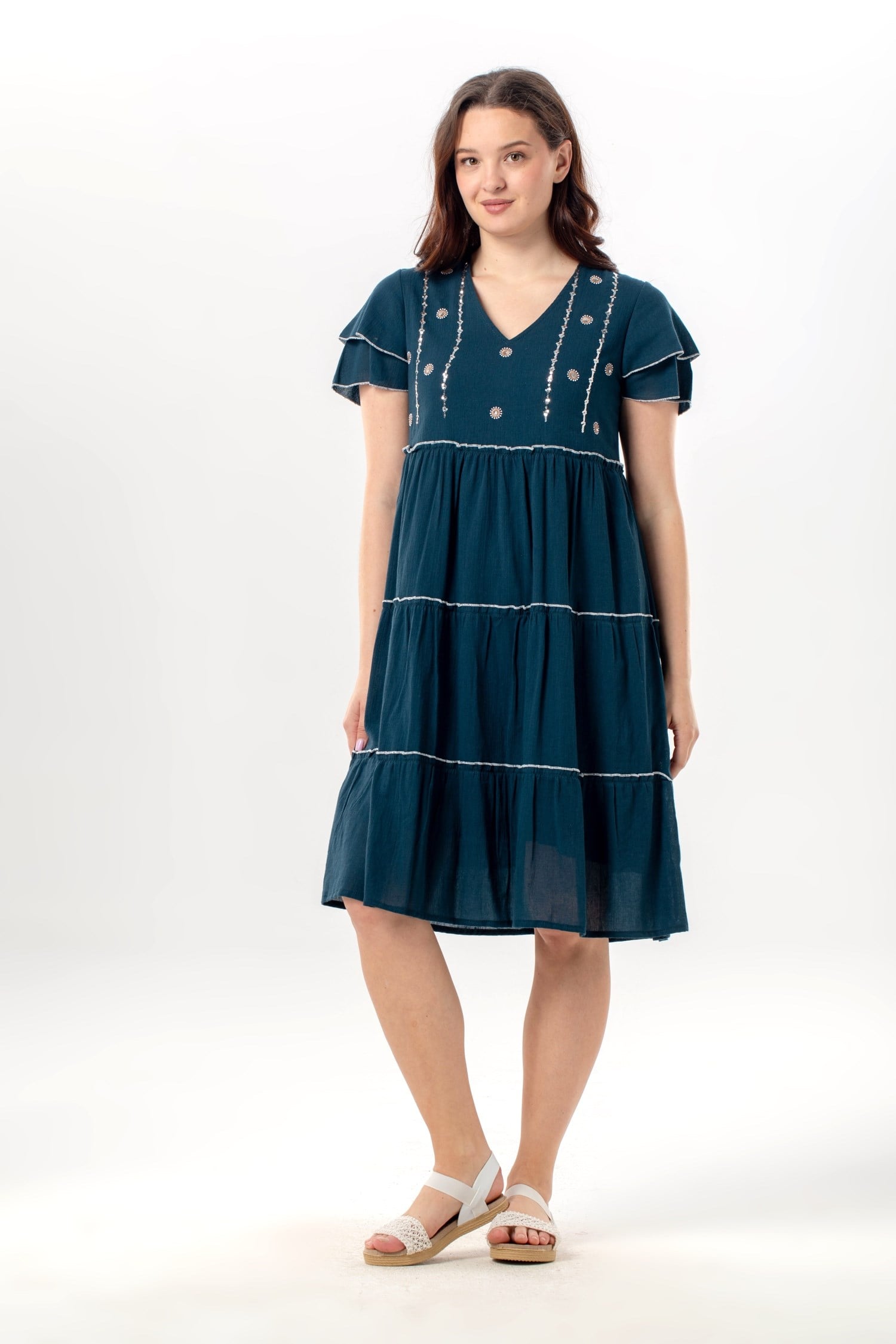 Kısa Kol Pullu Işıl V Yaka Şile Bezi Yazlık Midi Boy Otantik Elbise Petrol Ptrl