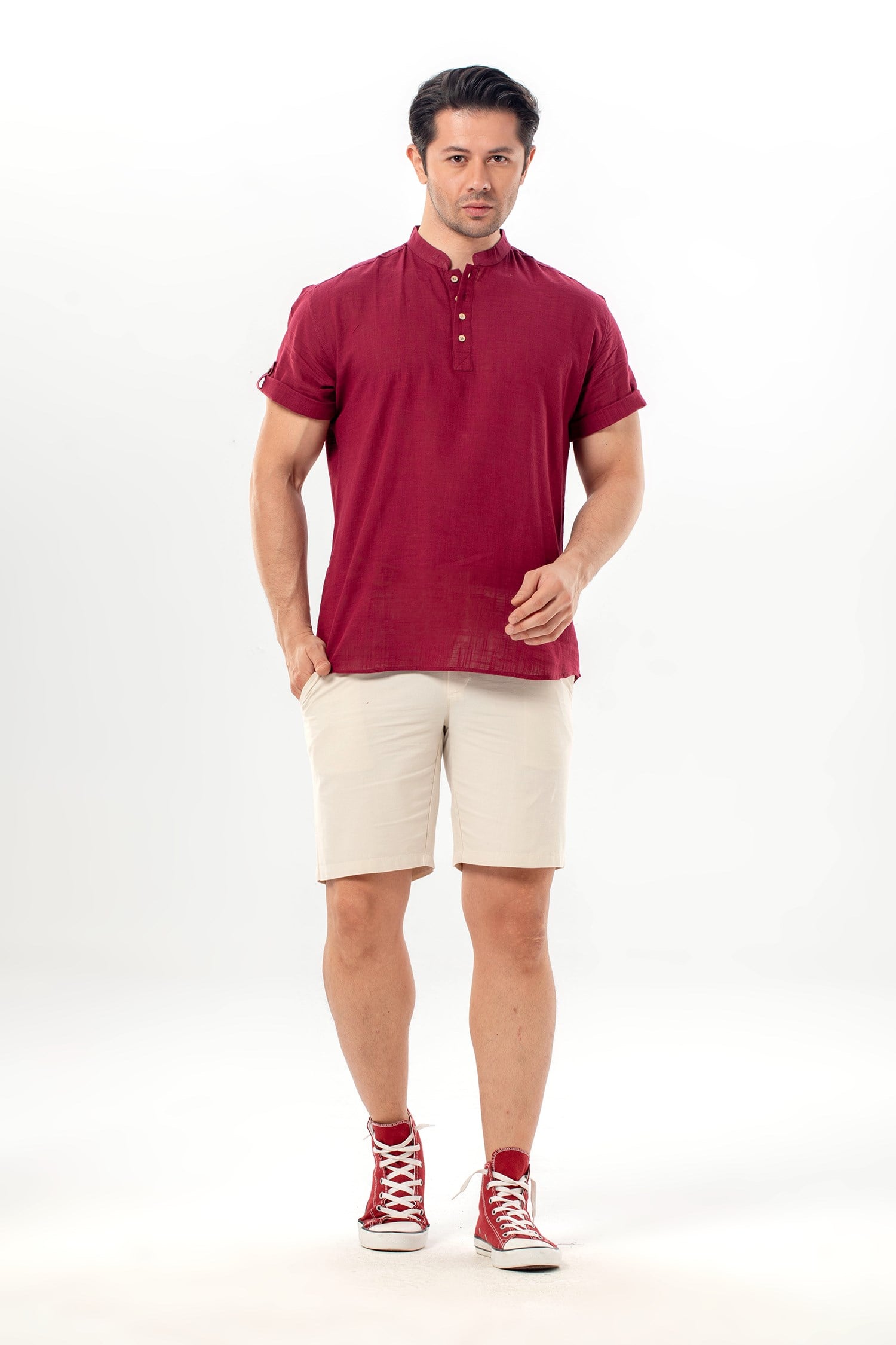 Kısa Kol Şantuklu Pamuk Bodrum Erkek Yazlık Tshirt Koyu Bordo 3068
