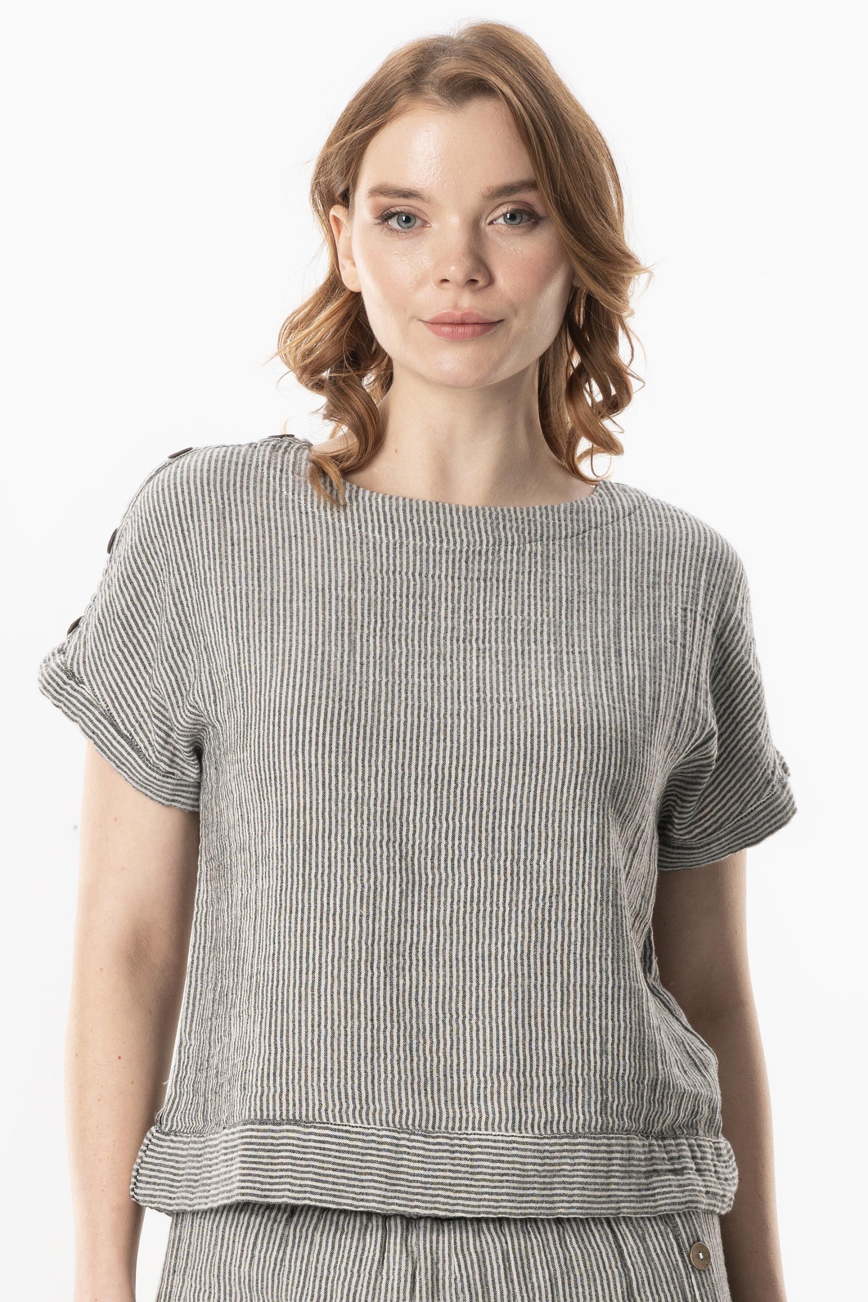 Short Sleeve Serap Crew Neck Muslin Summer Blouse Black/White