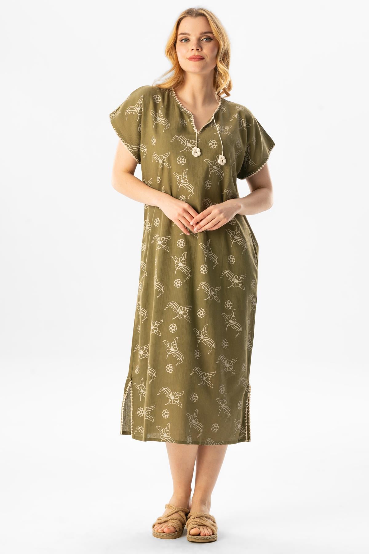 Short Sleeve Şile Fabric Baskılı Midi Dress Splash Pattern Khaki