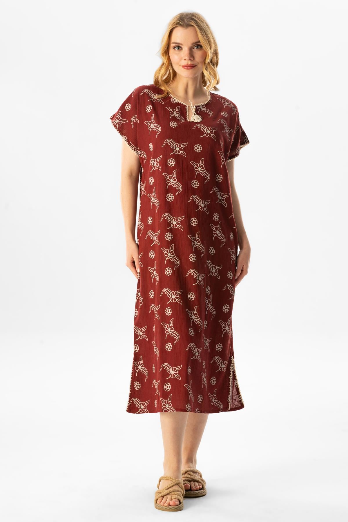Short Sleeve Sile Fabric Baskılı Midi Dress Splash Pattern Stone Burgundy