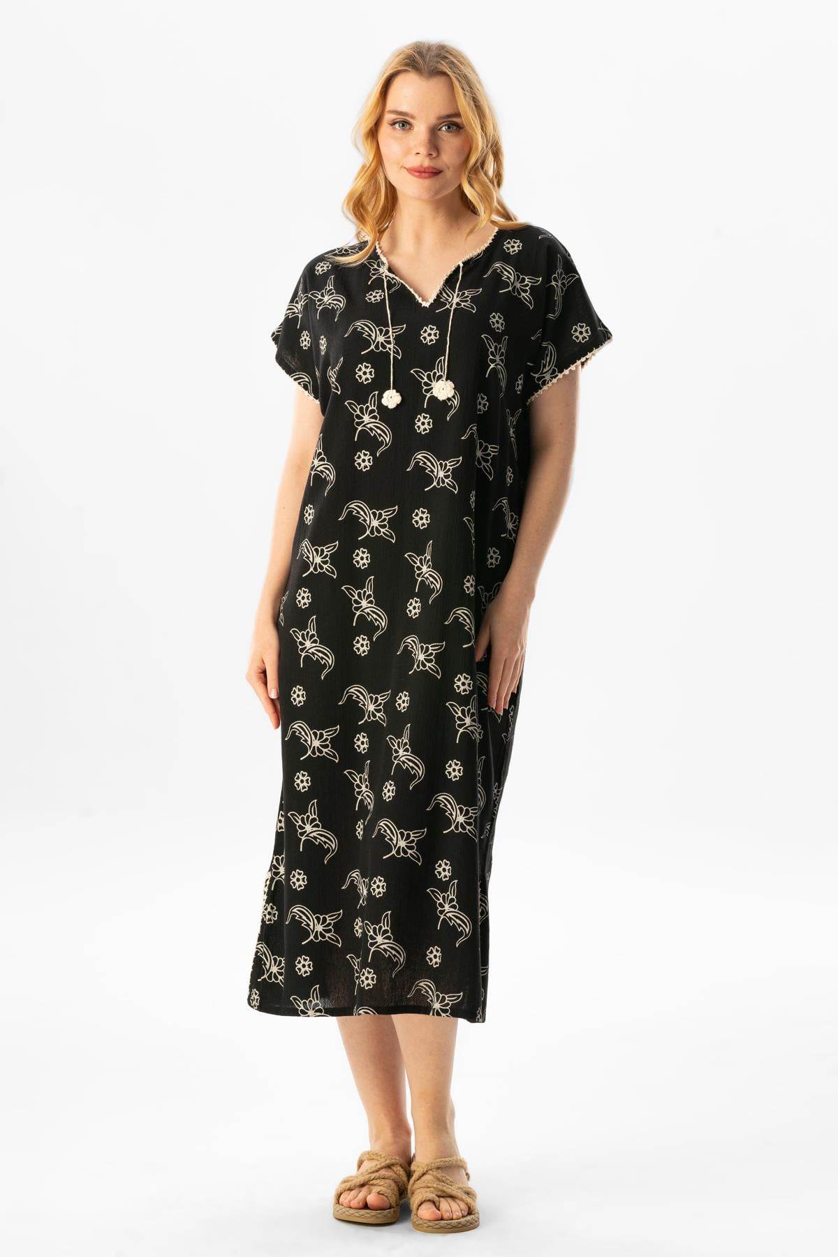 Short Sleeve Sile Fabric Baskılı Midi Dress Splash Pattern Stone Black
