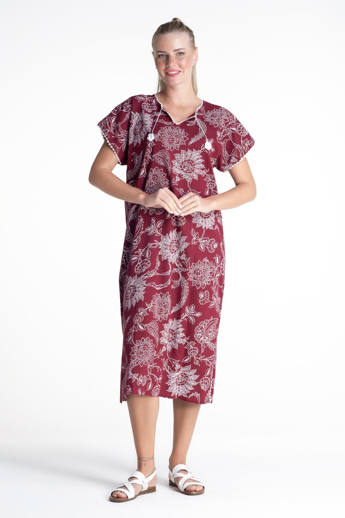 Short Sleeve Şile Fabric Baskılı Long Length Dress Sycamore Pattern Claret Red