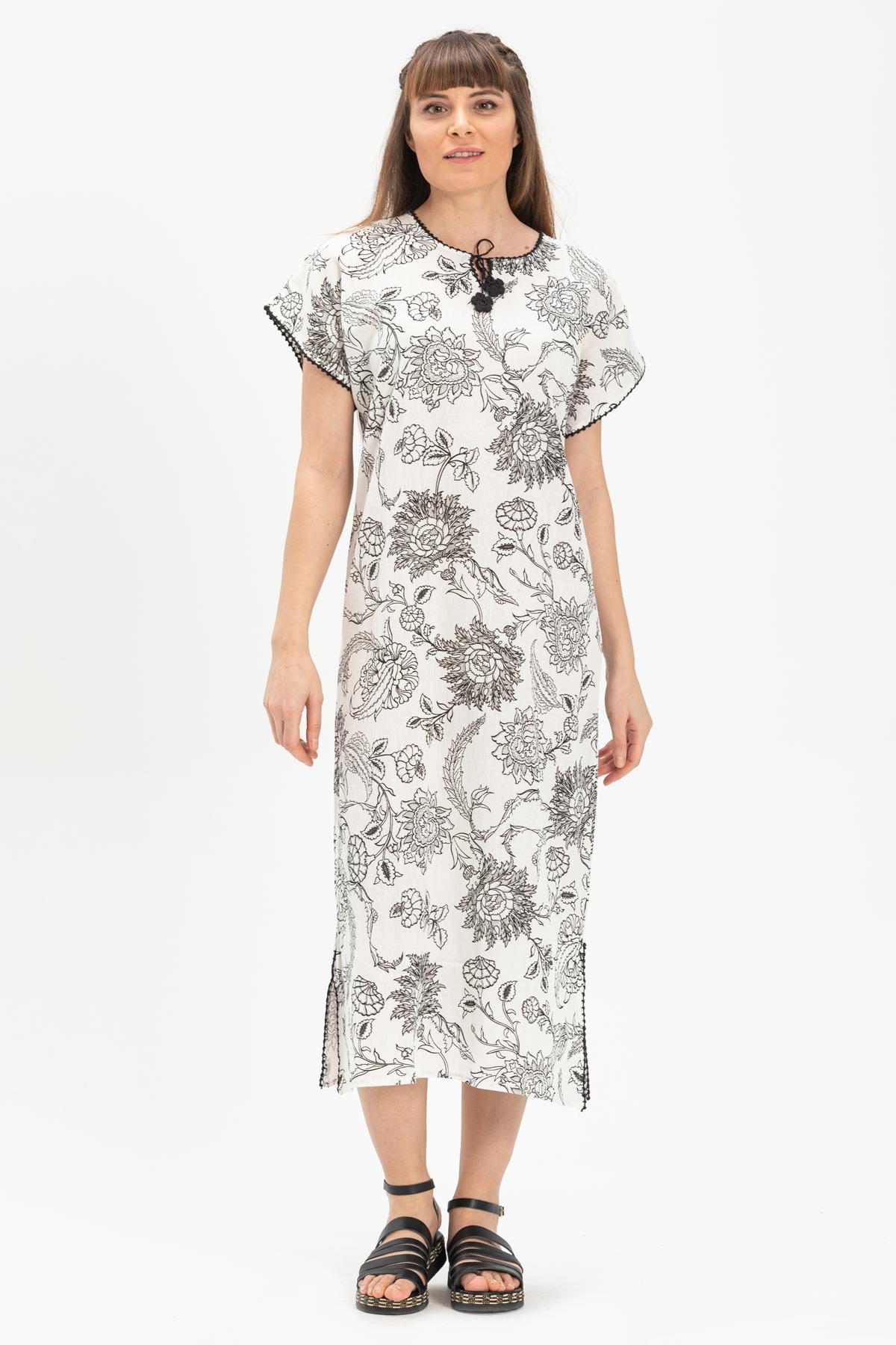 Short Sleeve Şile Fabric Baskılı Long Length Dress Sycamore Pattern White