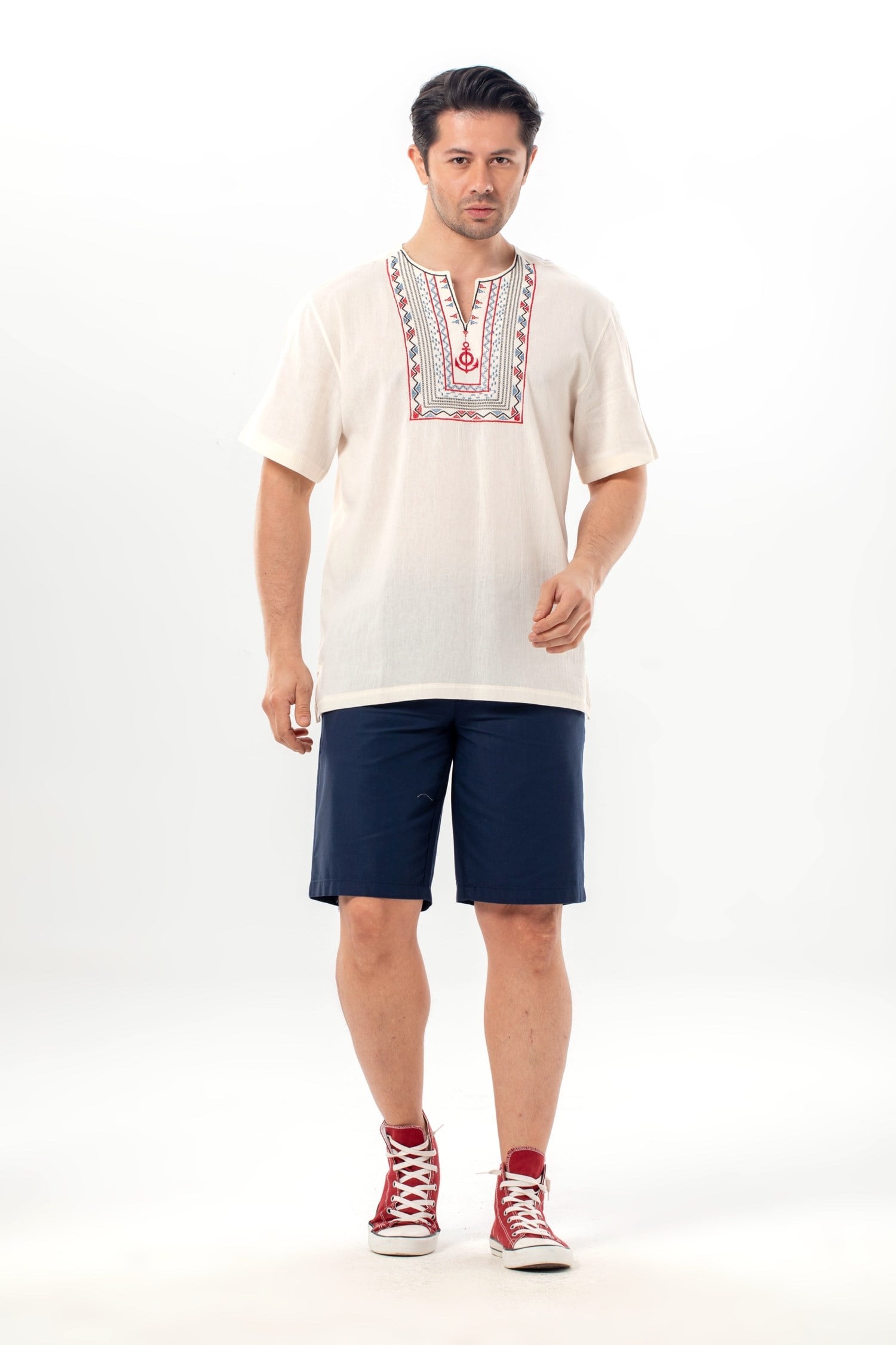 Kısa Kol Şile Bezi Bisiklet Yaka Bahriyeli Erkek Yazlık T-shirt Krem Krm