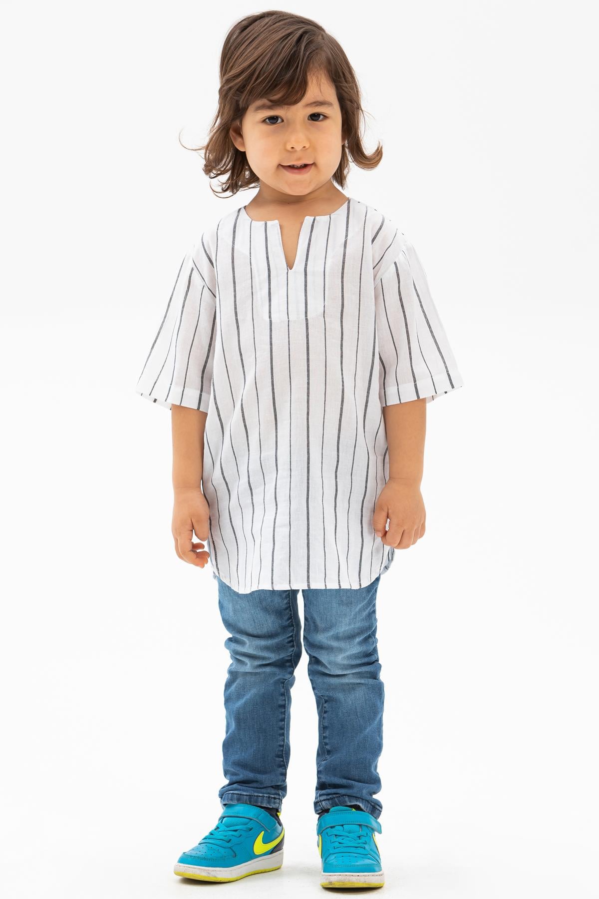 Short Arm Sile Fabric Bicycle Collar Men Kid's TShirt White Black Striped