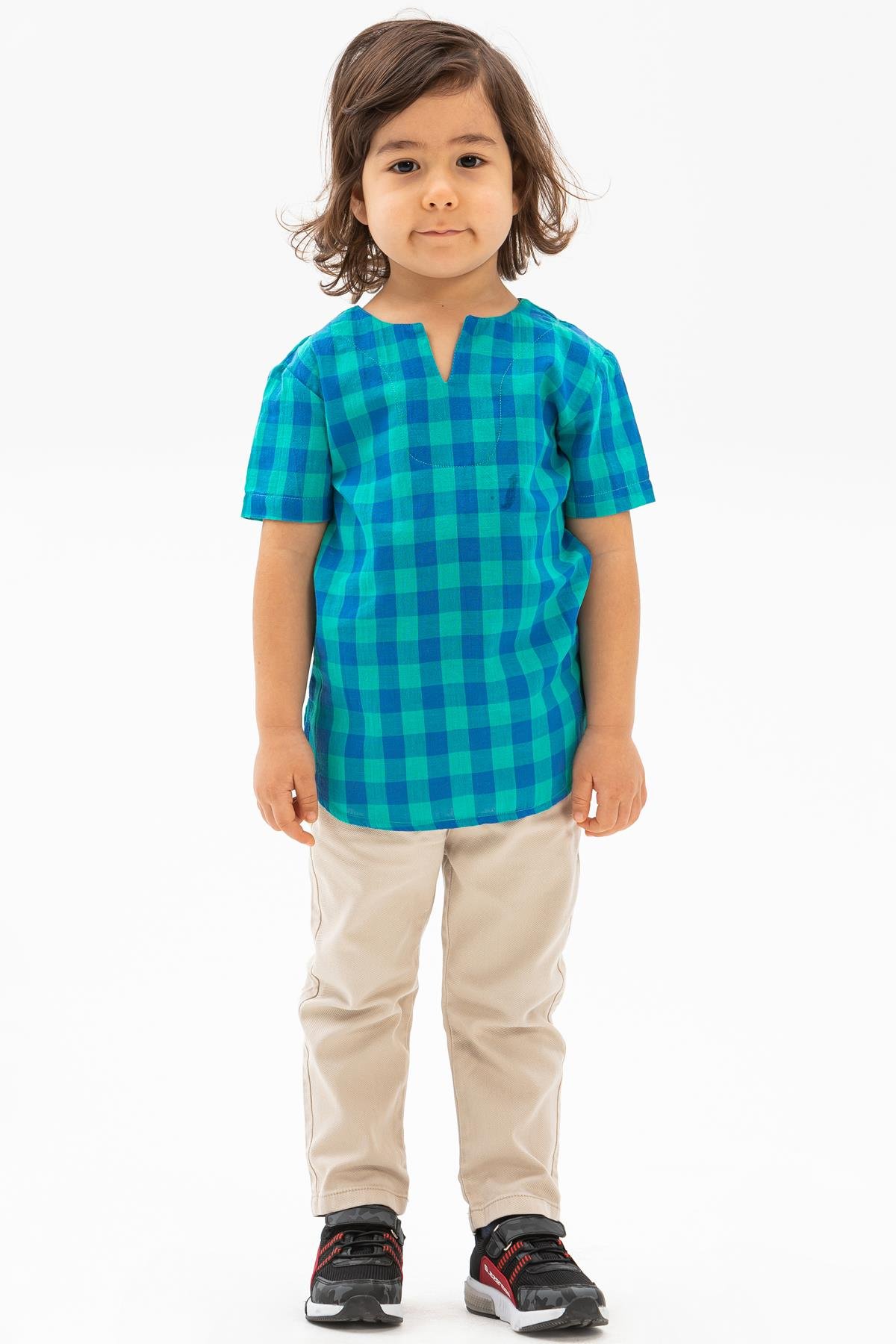 Kısa Kol Şile Bezi Bisiklet Yaka Erkek Çocuk Tshirt Mint Kareli 3033