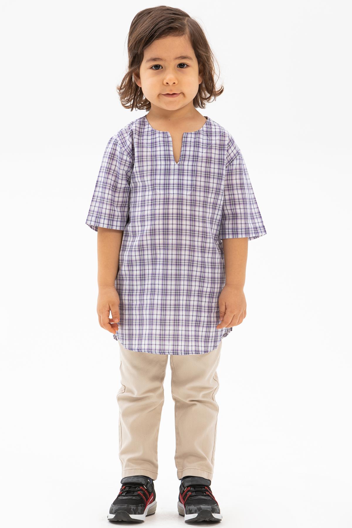 Short Arm Sile Fabric Bicycle Collar Men Kid's TShirt Lila Plaid