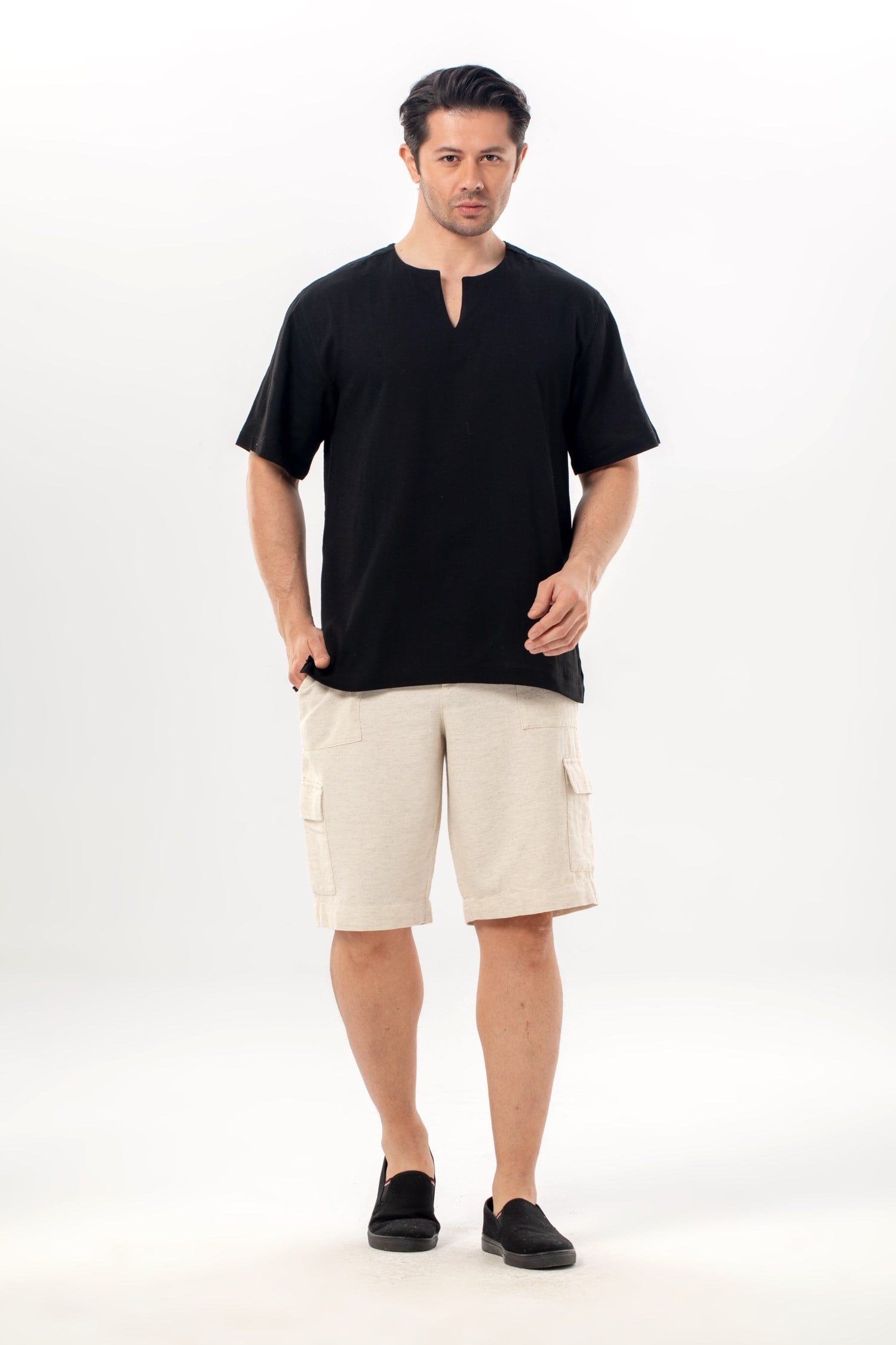 Short Sleeve Sile Fabric Crew Collar Men T-Shirt Black