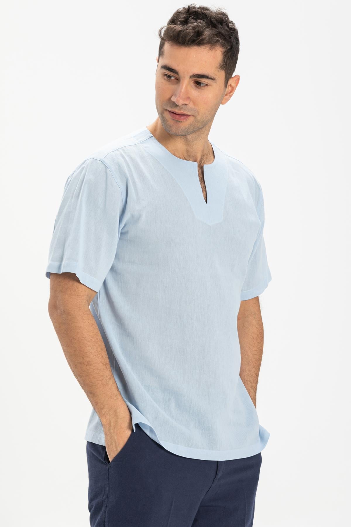 Short Sleeve Sile Fabric Crew Collar Men T-Shirt Ice Blue