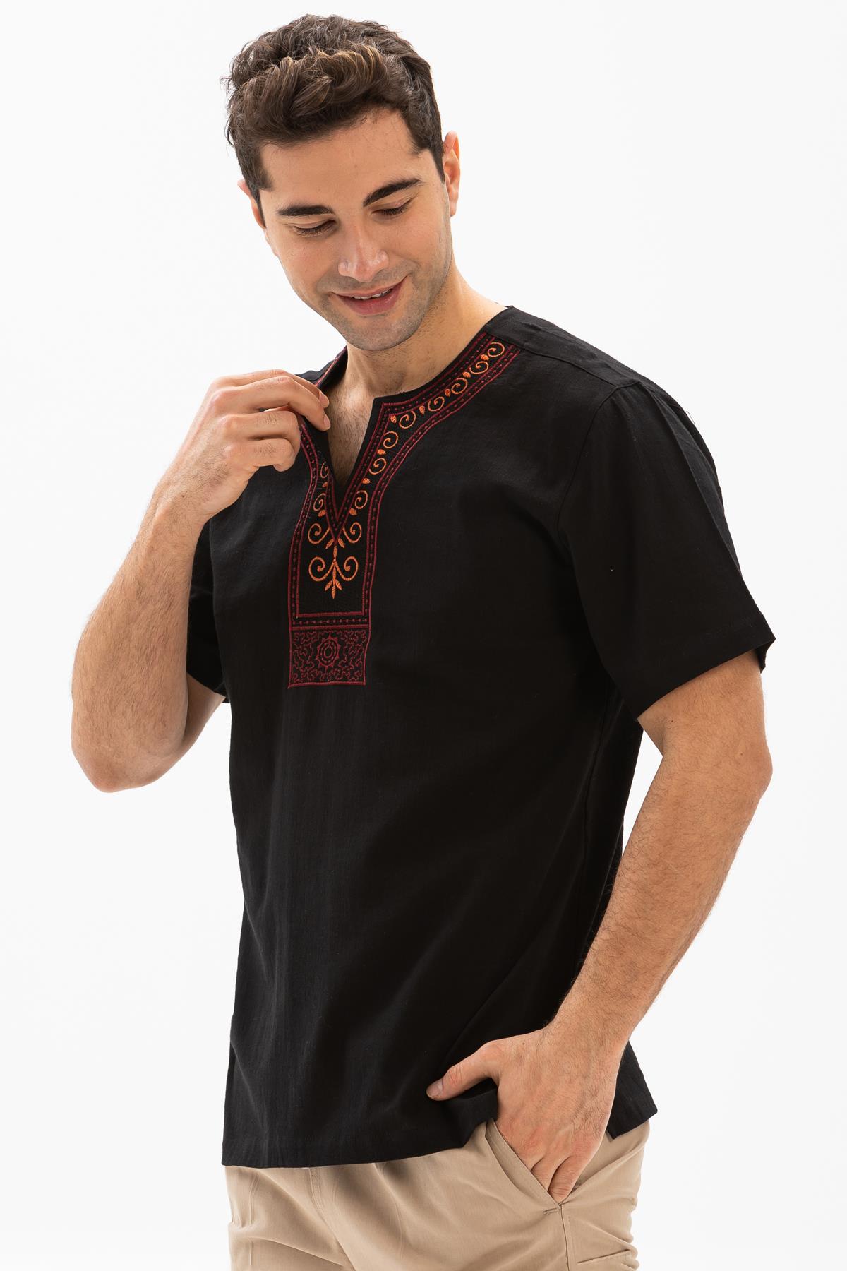 Short Arm Sile Fabric Bicycle Collar Etnik Men T-Shirt Black