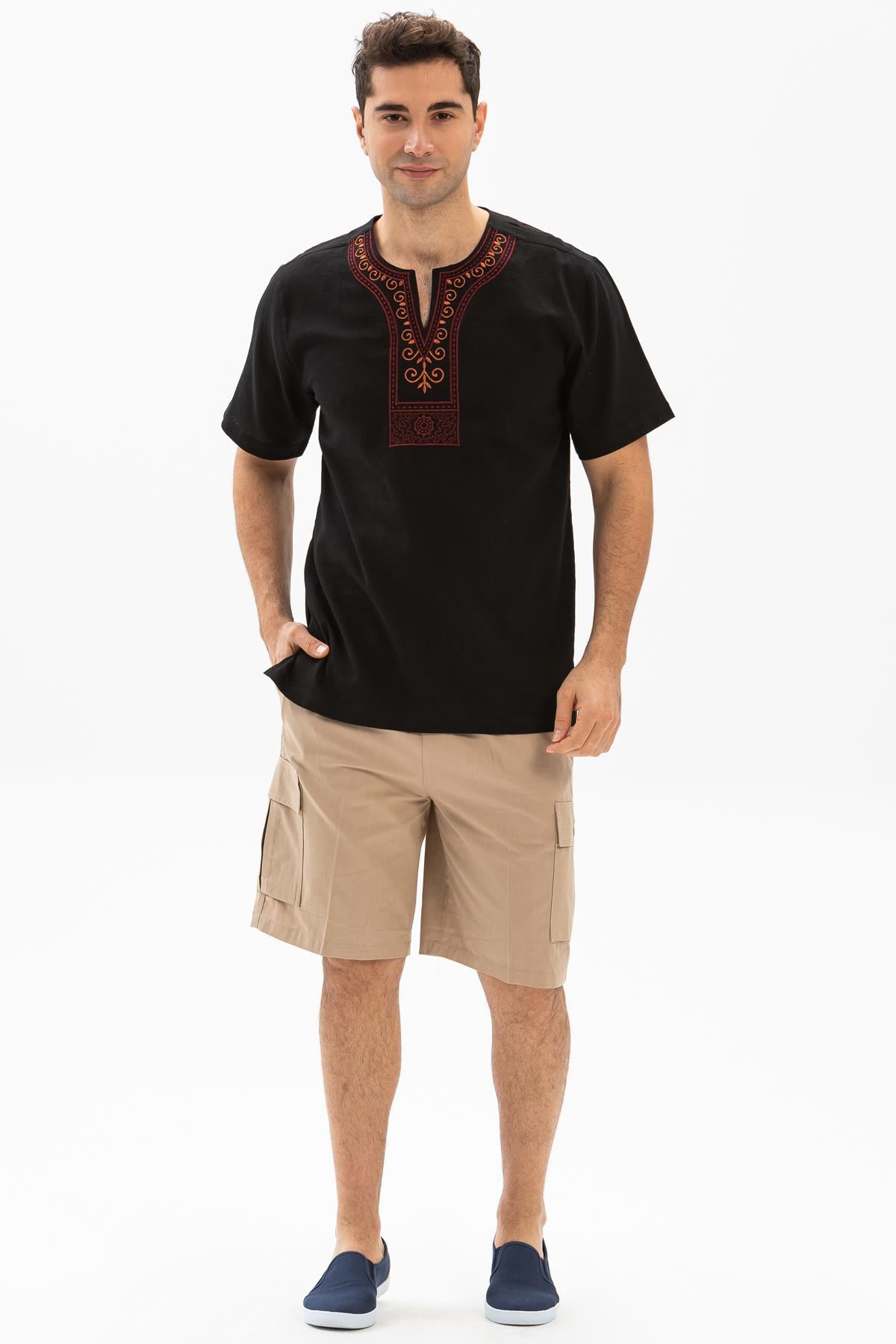 Short Arm Sile Fabric Bicycle Collar Etnik Men T-Shirt Black