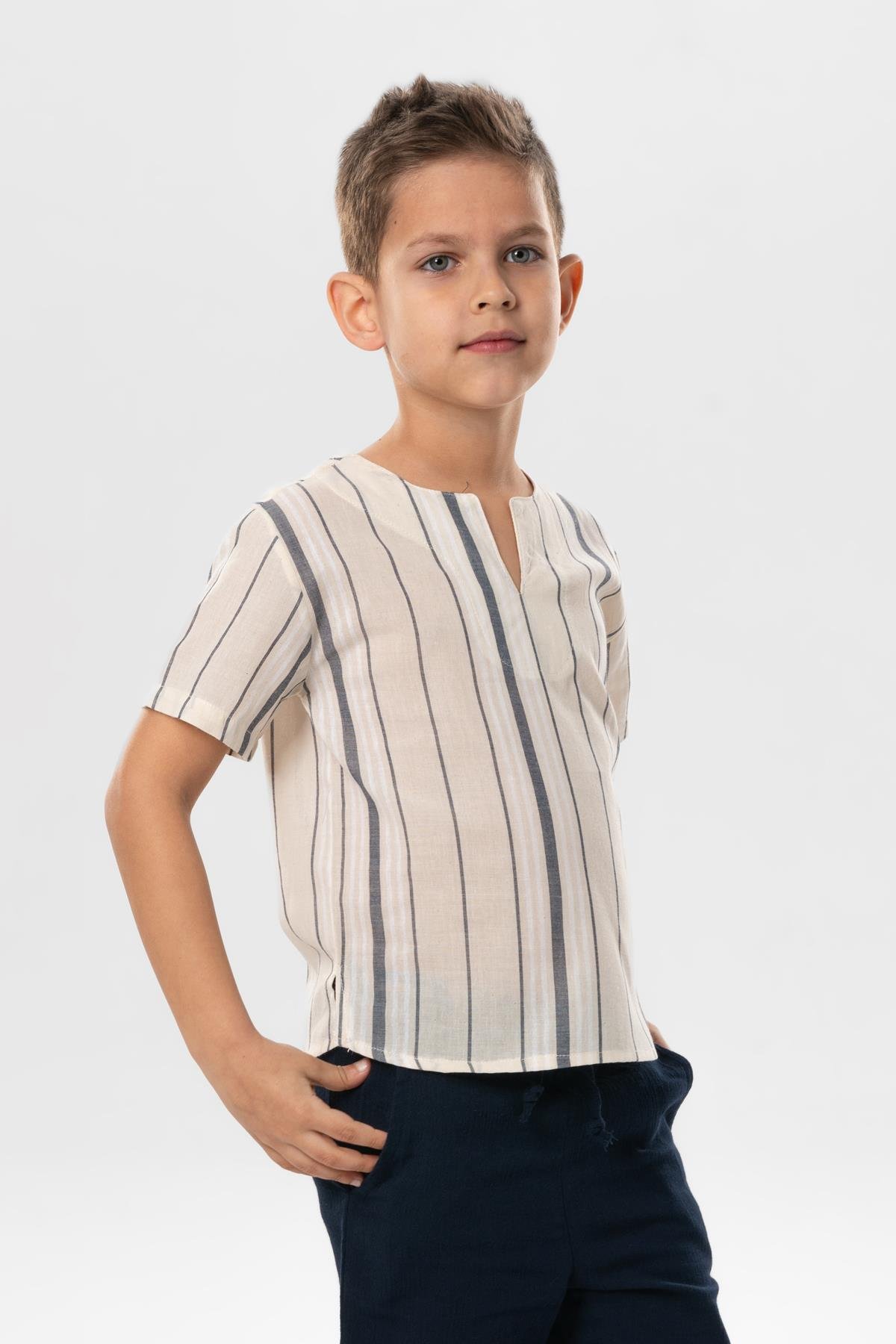 Kısa Kol Şile Bezi Bisiklet Yaka Yazlık Erkek Çocuk Tshirt Ekru Gri Çizgili 3028