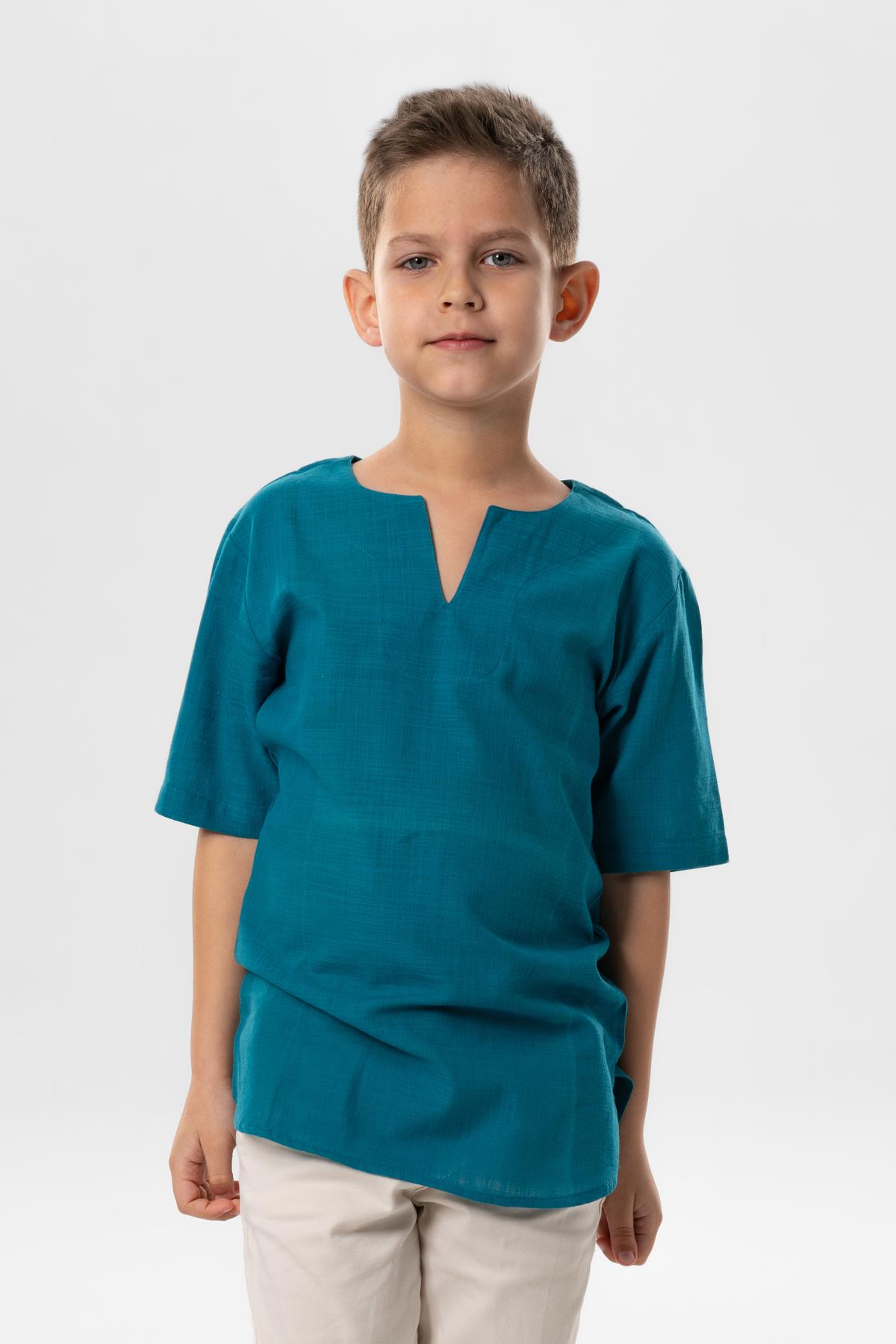 Kısa Kol Şile Bezi Bisiklet Yaka Yazlık Erkek Çocuk Tshirt Petrol 3053