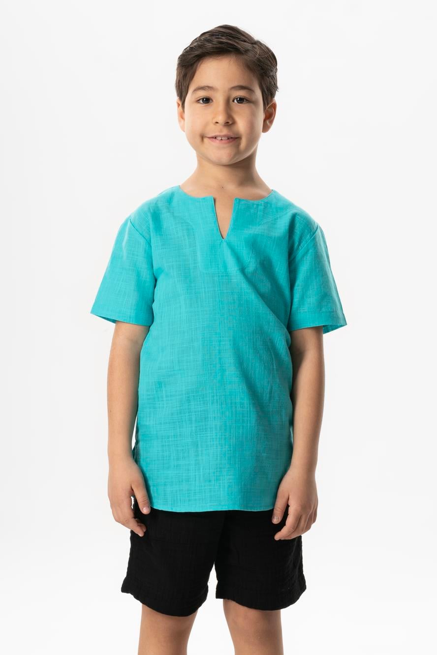 Short Arm Sile Fabric Bicycle Collar Men Kid's TShirt Light Turquoise