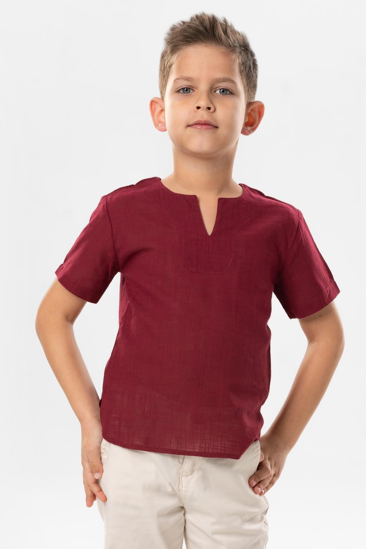 Short Arm Sile Fabric Bicycle Collar Men Kid's TShirt Dark Burgundy