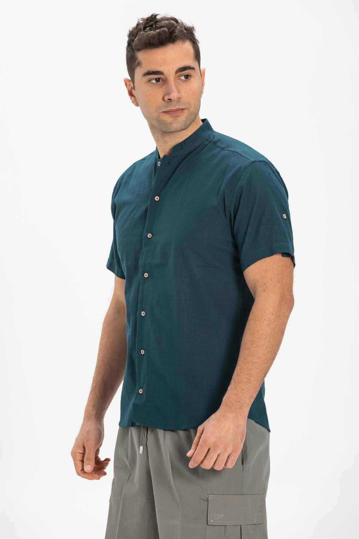 Kısa Kol Şile Bezi Bodrum Erkek Gömlek Koyu Petrol 3069