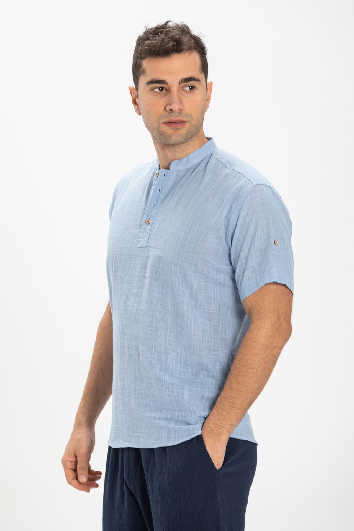 Kısa Kol Şile Bezi Bodrum Erkek T-shirt Açık Mavi 3074