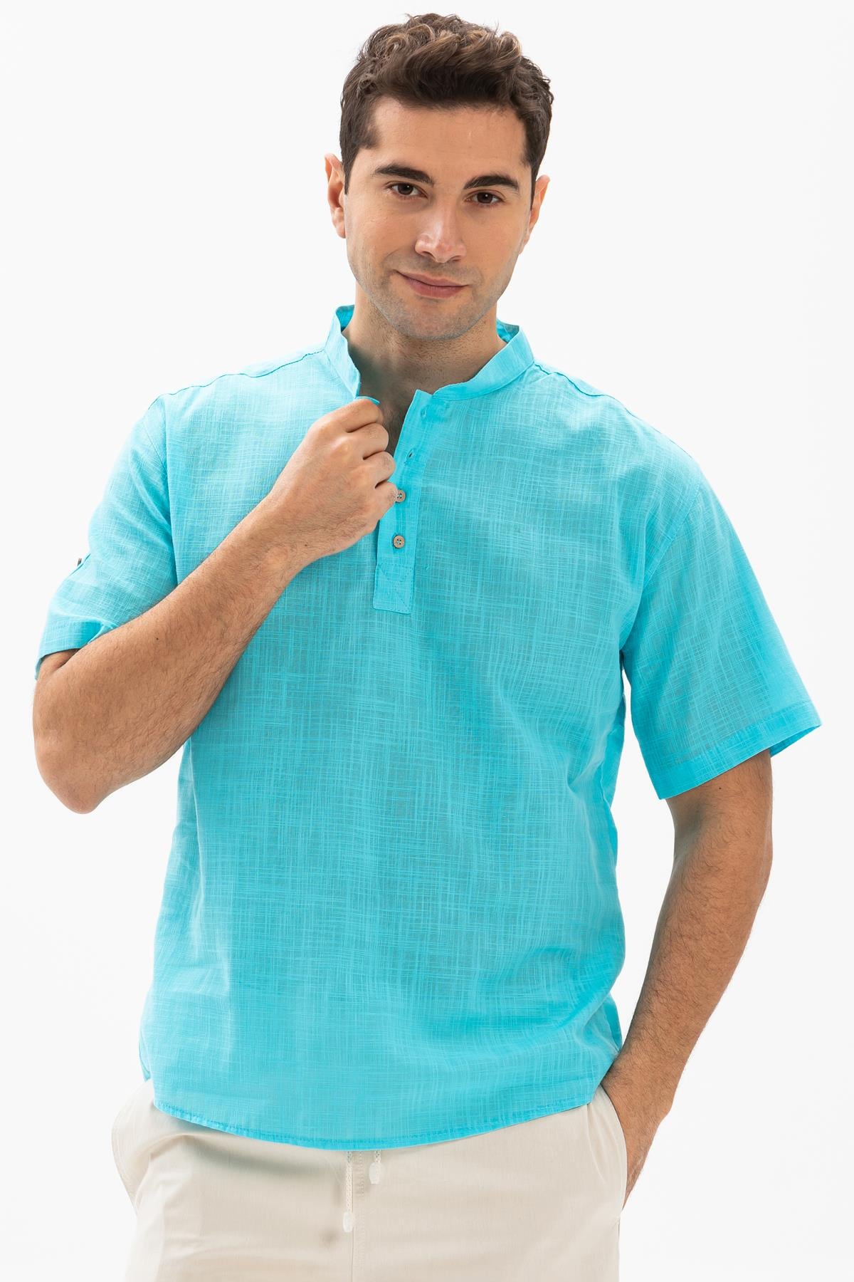 Kısa Kol Şile Bezi Bodrum Erkek T-shirt Açık Turkuaz 3075
